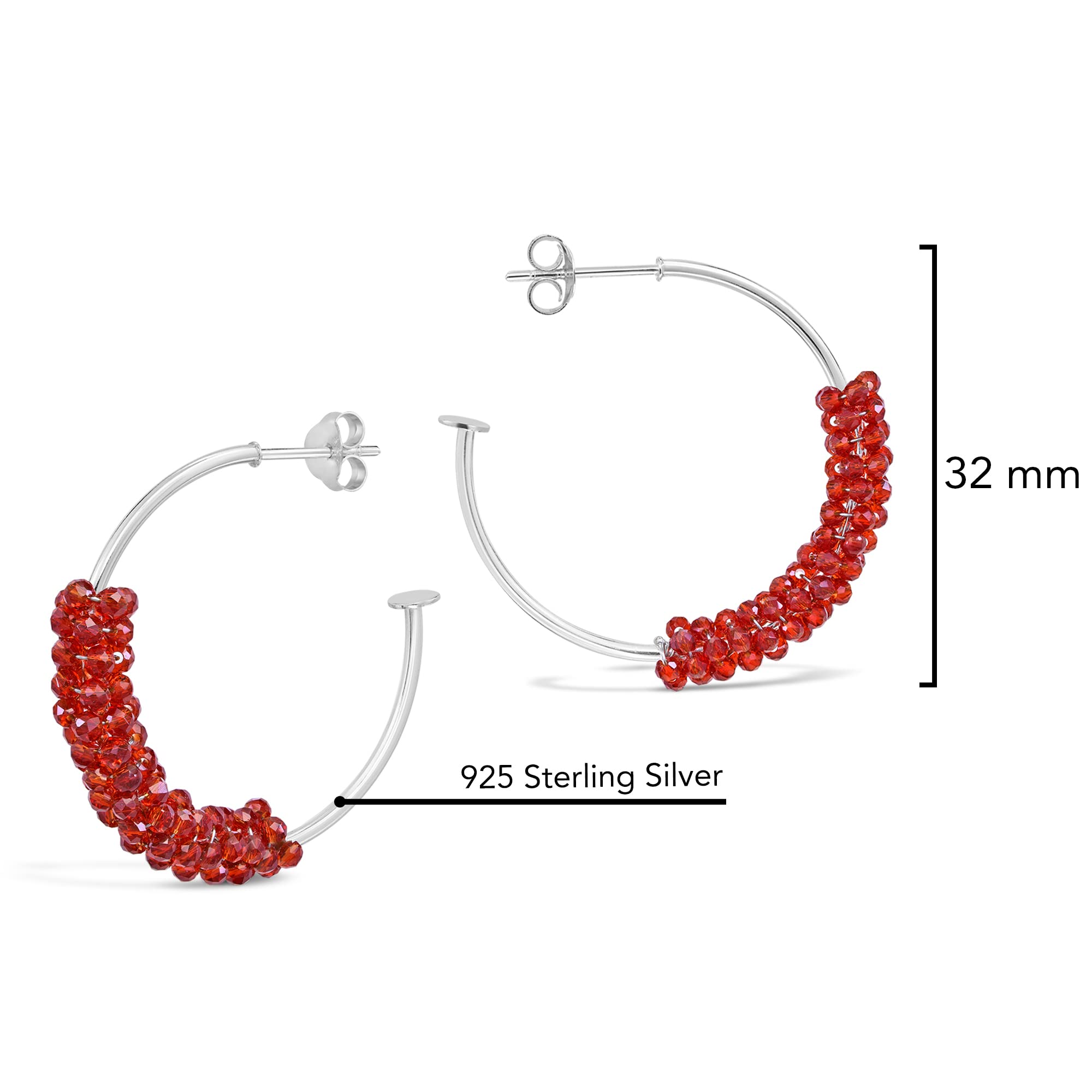 Boho Sparkle Bright Red Crystal Beads Sterling Silver Open Hoop Earrings for Women - .925 Silver Fashion Jewelry, Elegant Dangle Earrings for Party, Wedding & Everyday Wear