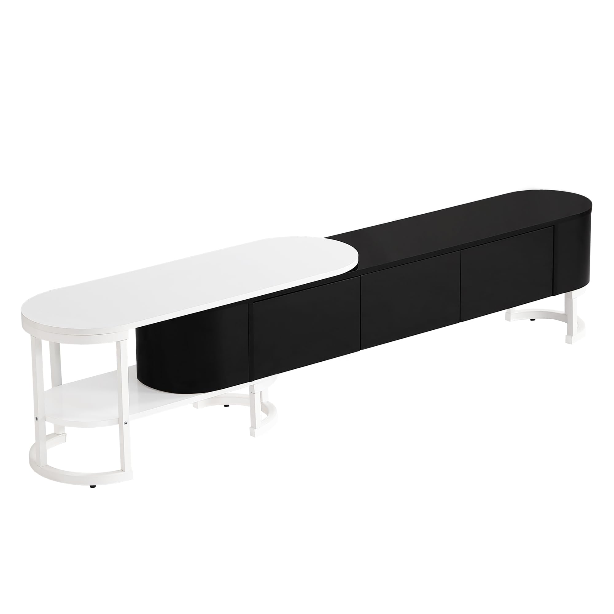 Modern Extendable TV Stand for 55-75 Inch TVs - Black Entertainment Center with 3 Storage Drawers & Adjustable Metal Legs (67.7-76.4