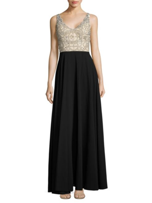 BHLDN Aidan Mattox Regina Gown - Elegant Champagne & Black Evening Dress for Weddings & Formal Events