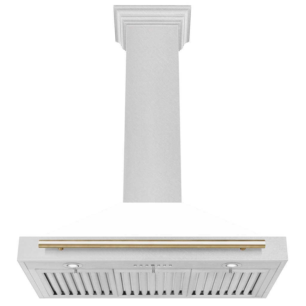 ZLINE KB4SNZ WM30 G 30-Inch Convertible Wall Mount Range Hood - Satin Stainless Steel with White Matte Shell & Polished Gold Handle - Autograph Edition - Perfect for Modern Kitchens & Open-Concept Homes