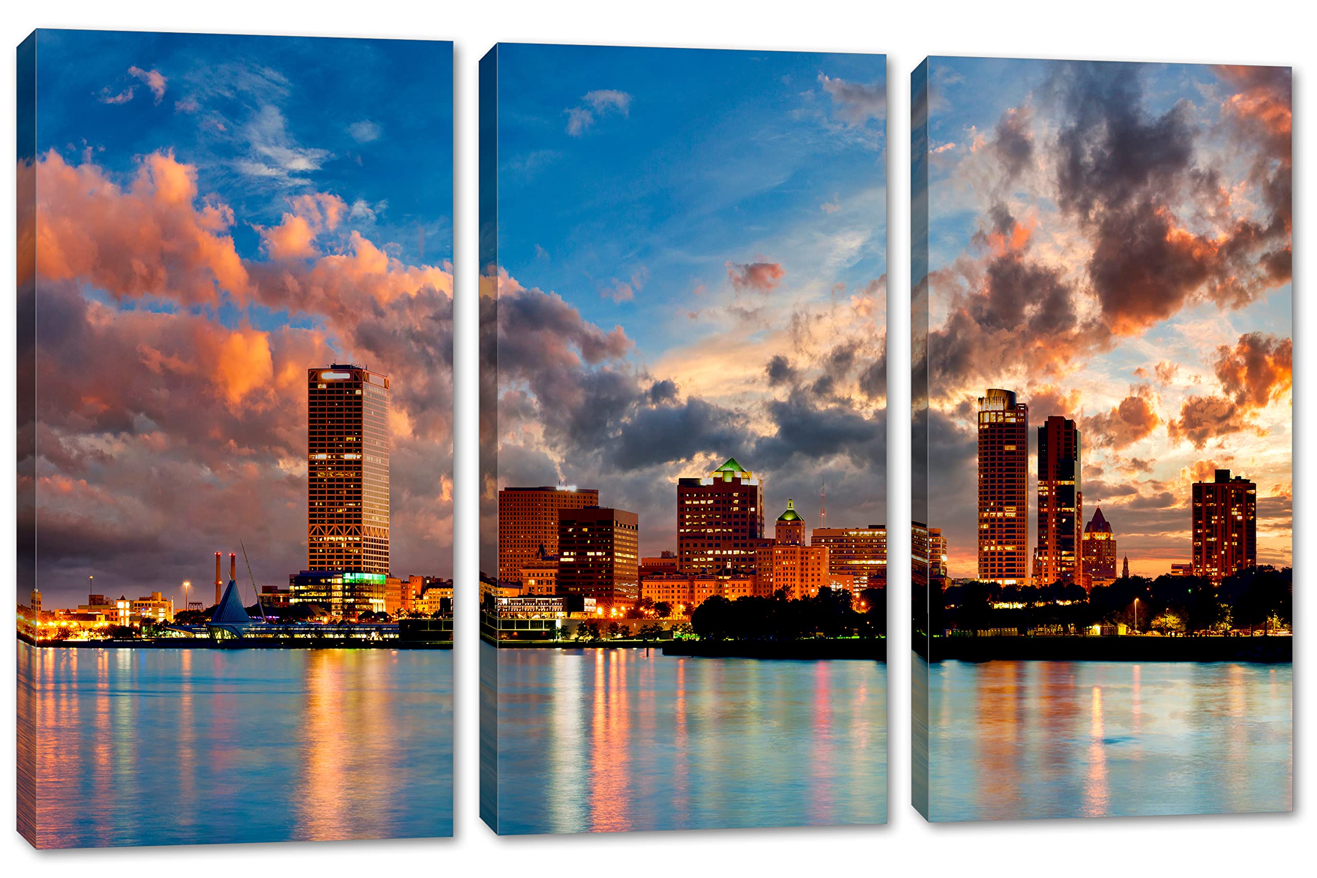 48x32 Milwaukee Skyline Wall Art Canvas Print - 3 Panel Split Wisconsin Cityscape Decor for Living Room, Office & Bedroom