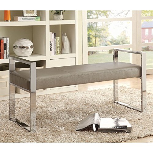 Stonecroft Furniture Faux Leather Upholstered Bench with Chrome Legs - Champagne Color for Living Room, Bedroom, or Entryway Seating