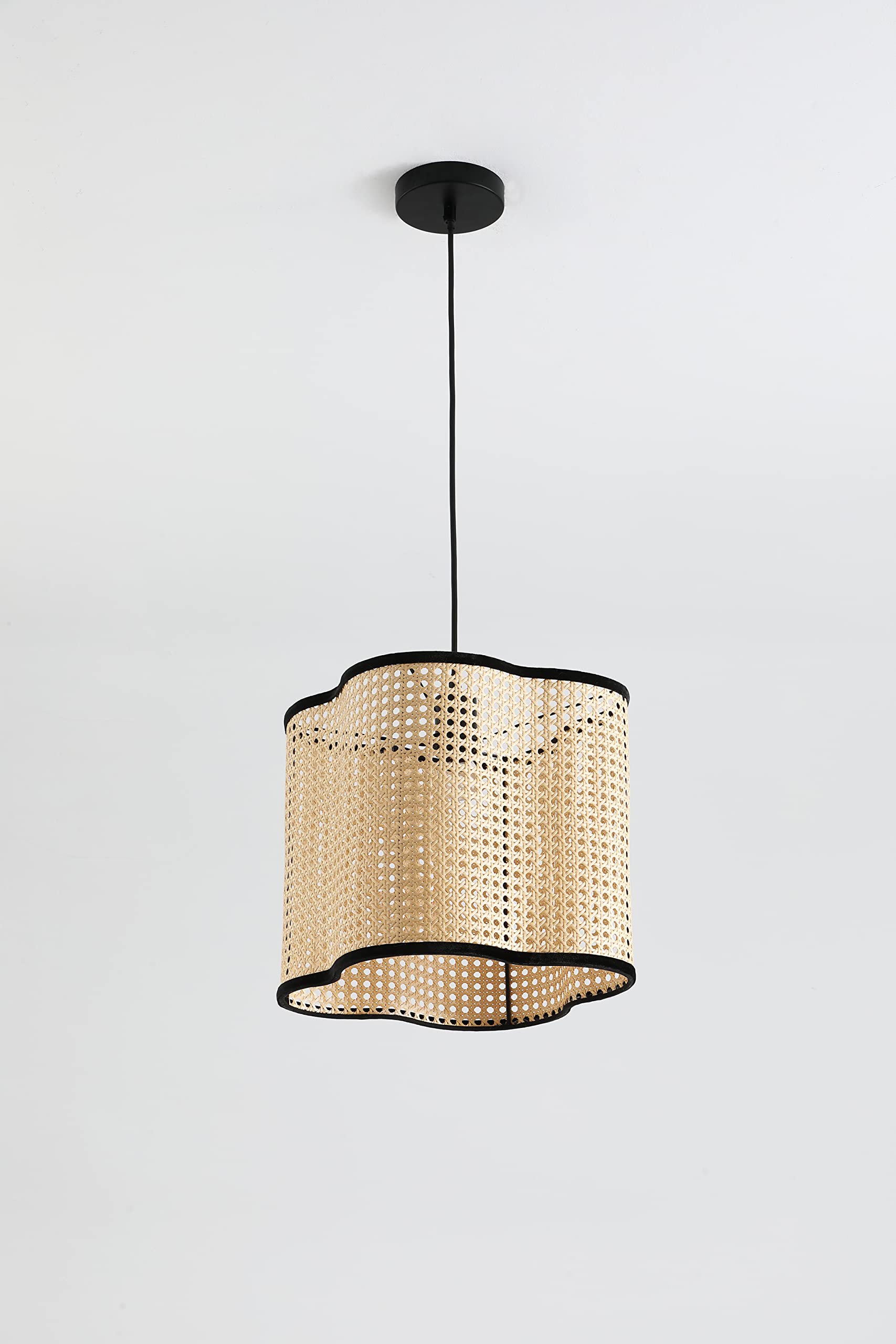 Vintage Bohemian Pendant Light - Mid Century Rattan Chandelier with PVC Shade & Velvet Trim for Bedroom, Dining Room, Kitchen Decor - Beige Home Lighting Fixture - Perfect for Boho, Farmhouse & Retro Interior Design