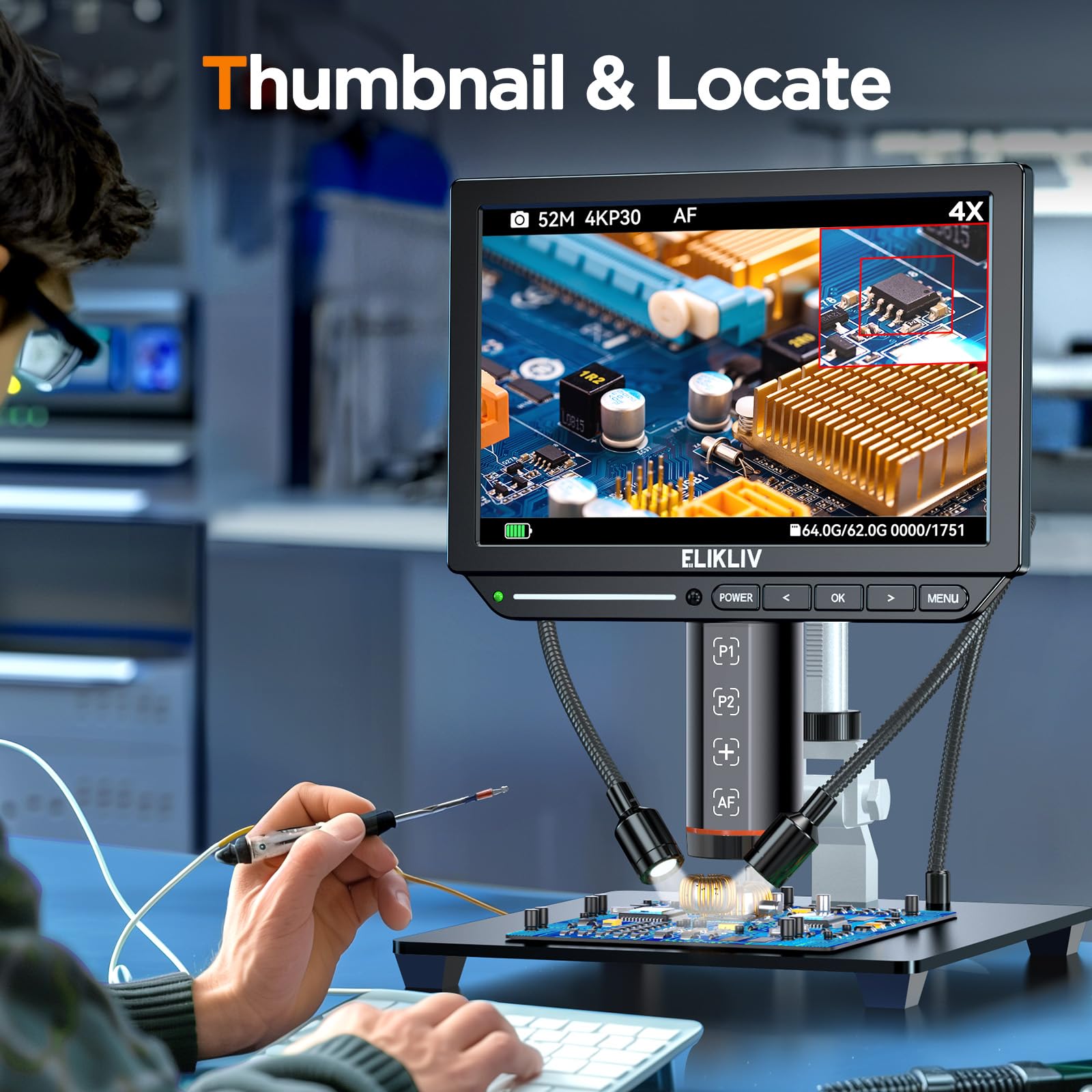 Elikliv 4K Digital Autofocus Microscope EM4K-AF - 8 Inch Coin Microscope with 52MP Camera, HDMI Video Output, 10 Inch Adjustable Stand & 64GB Storage - Perfect for Coin Collecting, Jewelry Inspection & PCB Repair