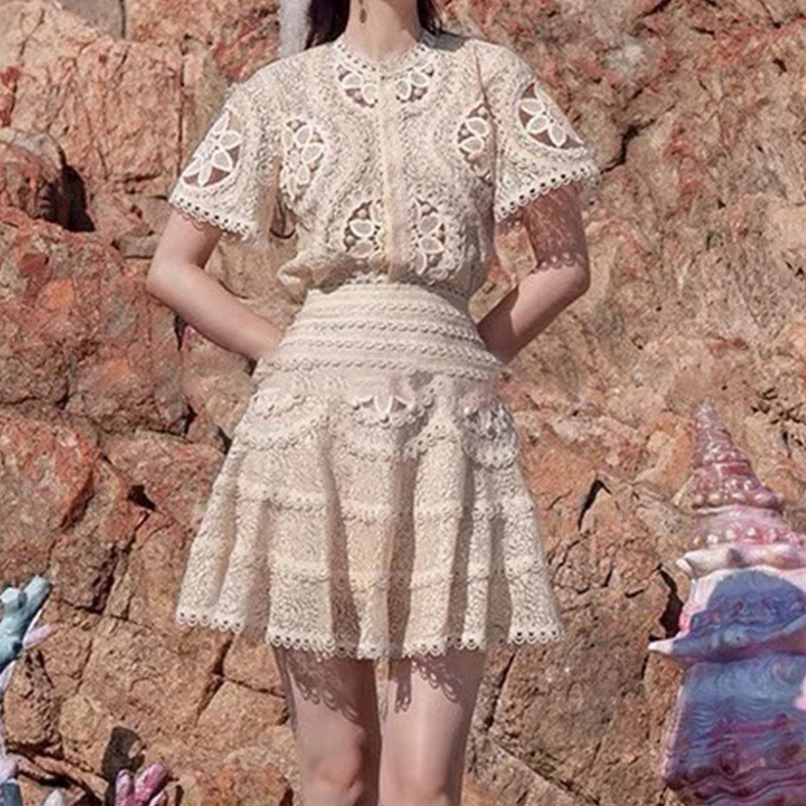 Women's Vintage Floral Embroidery Lace Dress Set - Summer Puff Sleeve Bodycon Mini Dress in Apricot | Perfect for Beach Vacations, Date Nights & Summer Parties