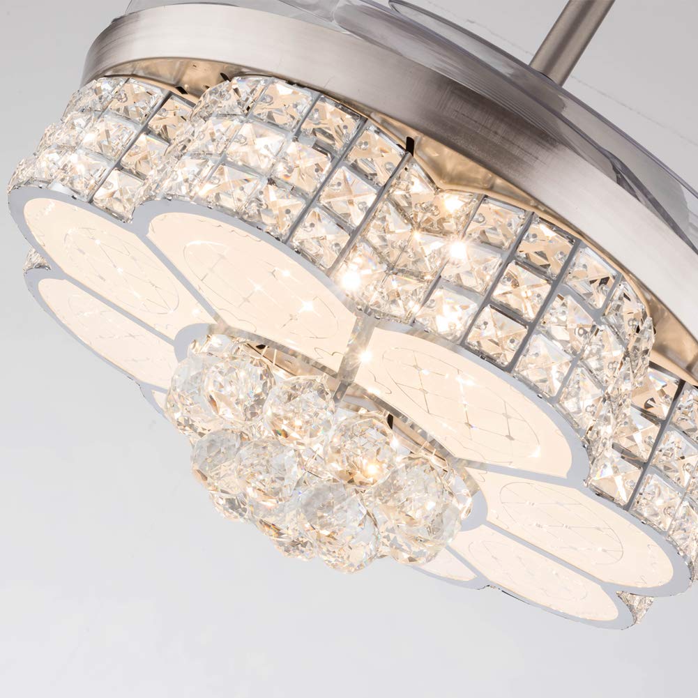 42 Inch Crystal Chandelier Ceiling Light with LED & Retractable Fan Blades - Modern Silver Acrylic Ceiling Lamp for Living Room, Dining Room, Hallway | Perfect for Home Decor, Wedding Venues & Luxury Spaces