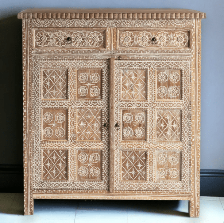 Hand Carved Solid Wooden Indian Cabinet - Traditional Handcrafted Storage for Home Decor, Living Room & Bedroom Organization