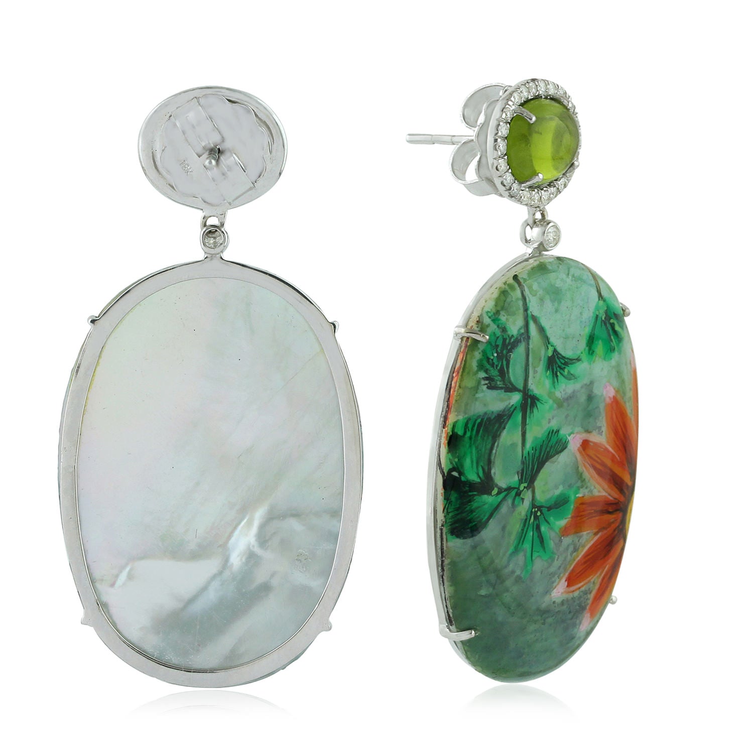 18K White Gold Peridot & Diamond Flower Dangle Earrings - Elegant Enamel Pave Design for Parties, Weddings & Special Occasions