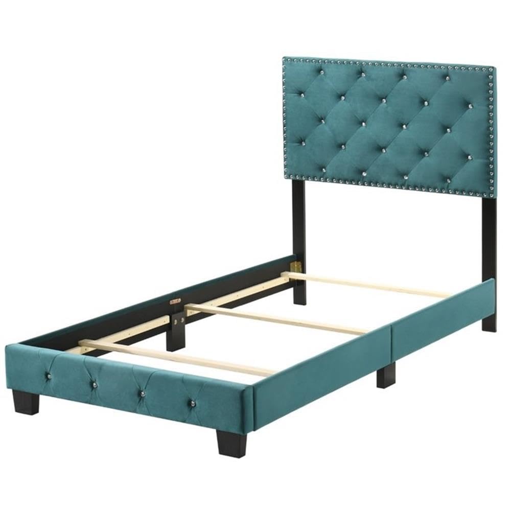 Glory Furniture Suffolk Velvet Upholstered Twin Bed in Green - Luxurious Velvet Twin Size Bed Frame for Kids & Teens Bedroom, Guest Room, or Dormitory
