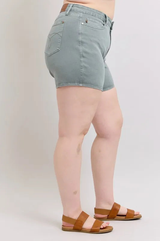 Judy Blue Women's Plus Size Garment Dyed Shorts with Back Pocket Embroidery - Comfortable Casual Wear for Summer Outings & Beach Vacations