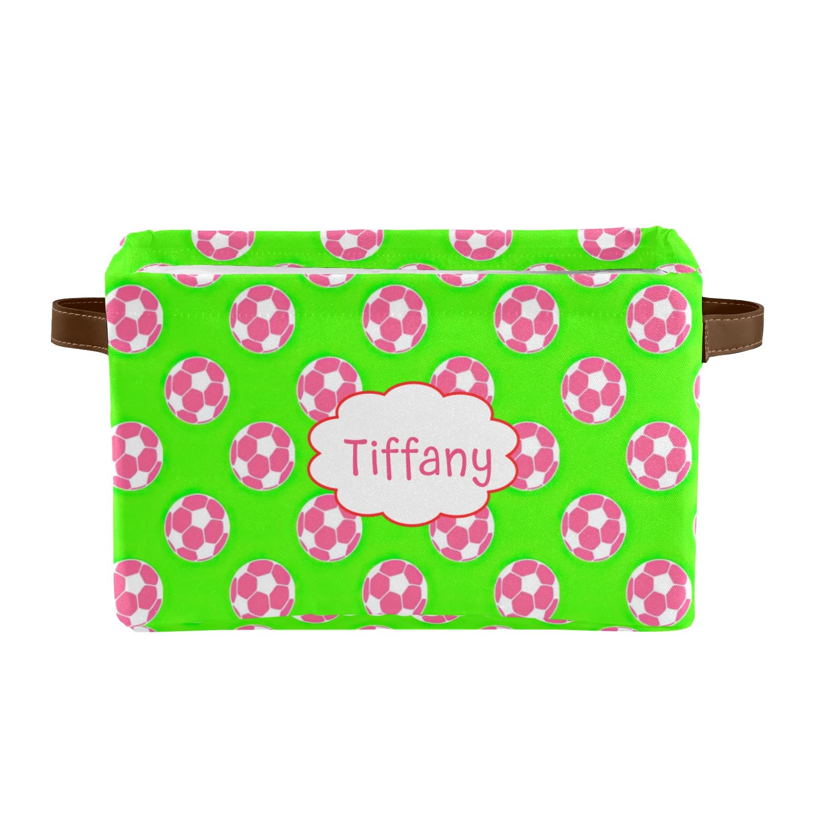 Personalized Pink Balls Green Canvas Storage Basket - Custom Name Laundry Hamper with Handles for Closet, Nursery & Bedroom Organization (1 Pack) - Perfect for Kids' Room, Toy Storage & Home Decor