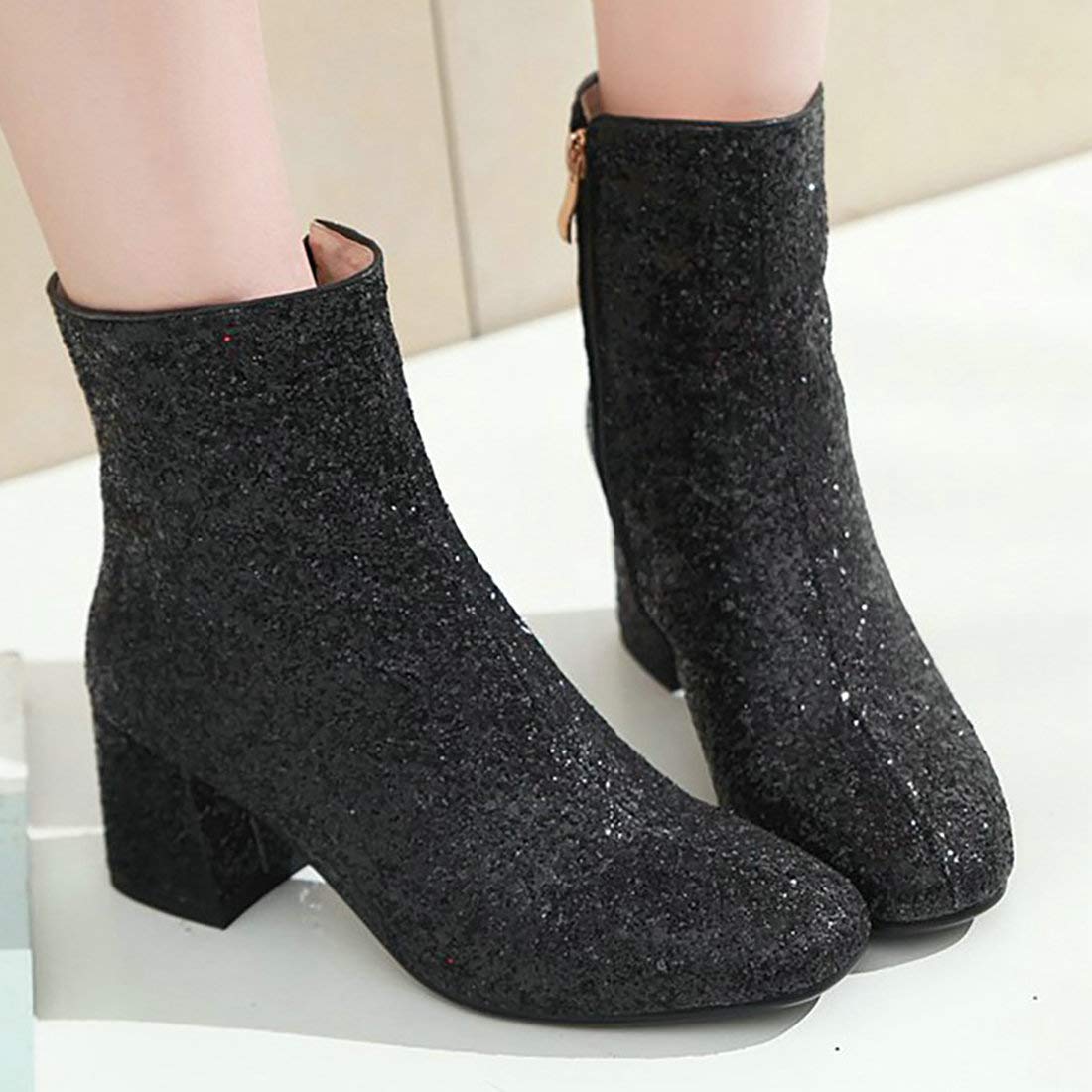 MAVMAX Women's Sequin Glitter Ankle Boots - Chunky Heel Sparkly Booties for Party, Night Out & Holiday | Comfortable & Stylish Dress Shoes
