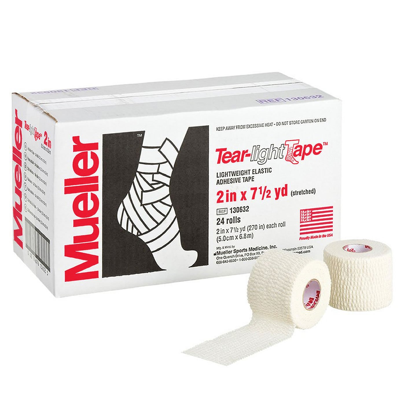 Mueller Tear-Light Tape - 2 Inch x 7.5 Yard White Adhesive Bandage - 24 Rolls Bulk Pack for First Aid Kits, Sports Injuries & Medical Wrapping