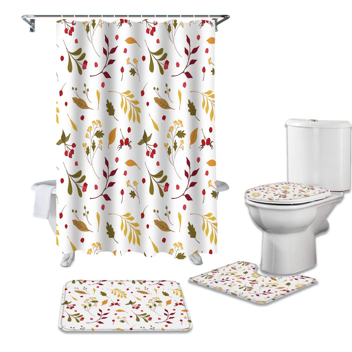 4PCS Non-Slip Bathroom Mat Set - Autumn Floral Yellow Leaves & Red Christmas Berries Design, Shower Curtain Rugs & Toilet Seat Cover for Cozy Home Decor | Perfect for Bathroom, Shower, and Holiday Season Decorating
