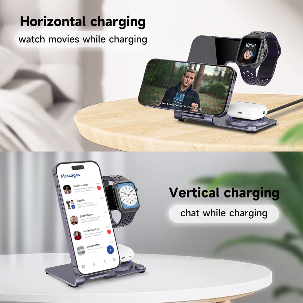 3-in-1 Aluminum Alloy Wireless Charging Station for iPhone 15/14/13/12/11 Pro Max, Apple Watch Series 8/7/6/SE/5/4, AirPods Pro/3/2 - Fast Qi Wireless Charger Pad for Bedside, Office & Travel