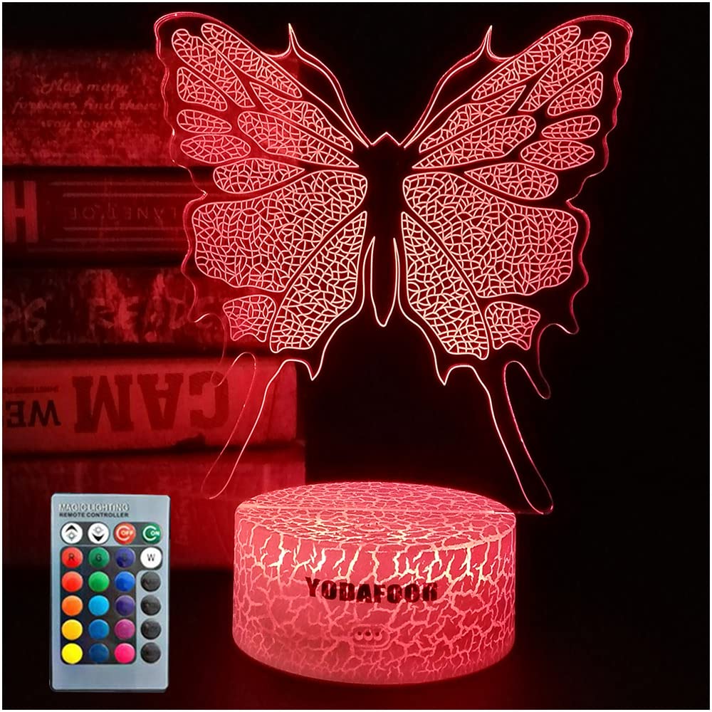 3D Butterfly Night Light - LED Color Changing Illusion Lamp for Kids Bedroom Decor, 16 Color Dimmable USB-Powered Nightlight | Perfect Birthday Gift for Girls, Nursery Room Decor & Soothing Night Light for Bedtime