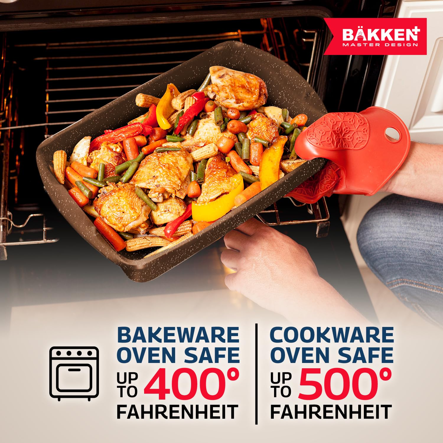 Bakken Master 38-Piece Granite Cookware and Bakeware Set - Nonstick Granite Coating Pots & Pans with Removable Handles, Tempered Glass Lids, 6-Piece Bakeware, 12-Piece Mixing Bowls - Perfect for Baking, Cooking & Meal Prep - Brown