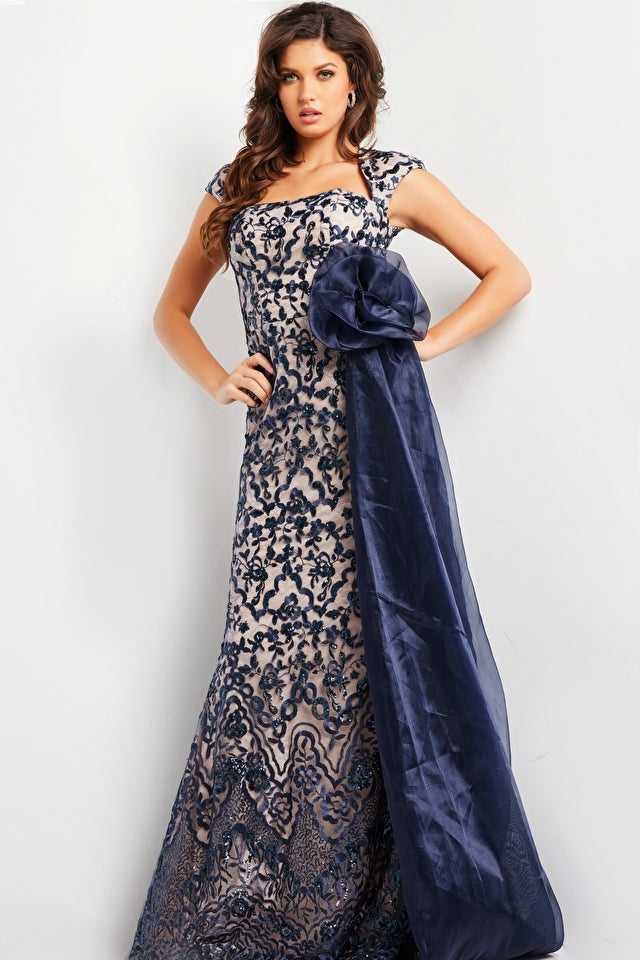 Jovani 37203 Navy Blue Nude Embroidered Cap Sleeve Evening Gown for Prom, Homecoming, and Formal Events