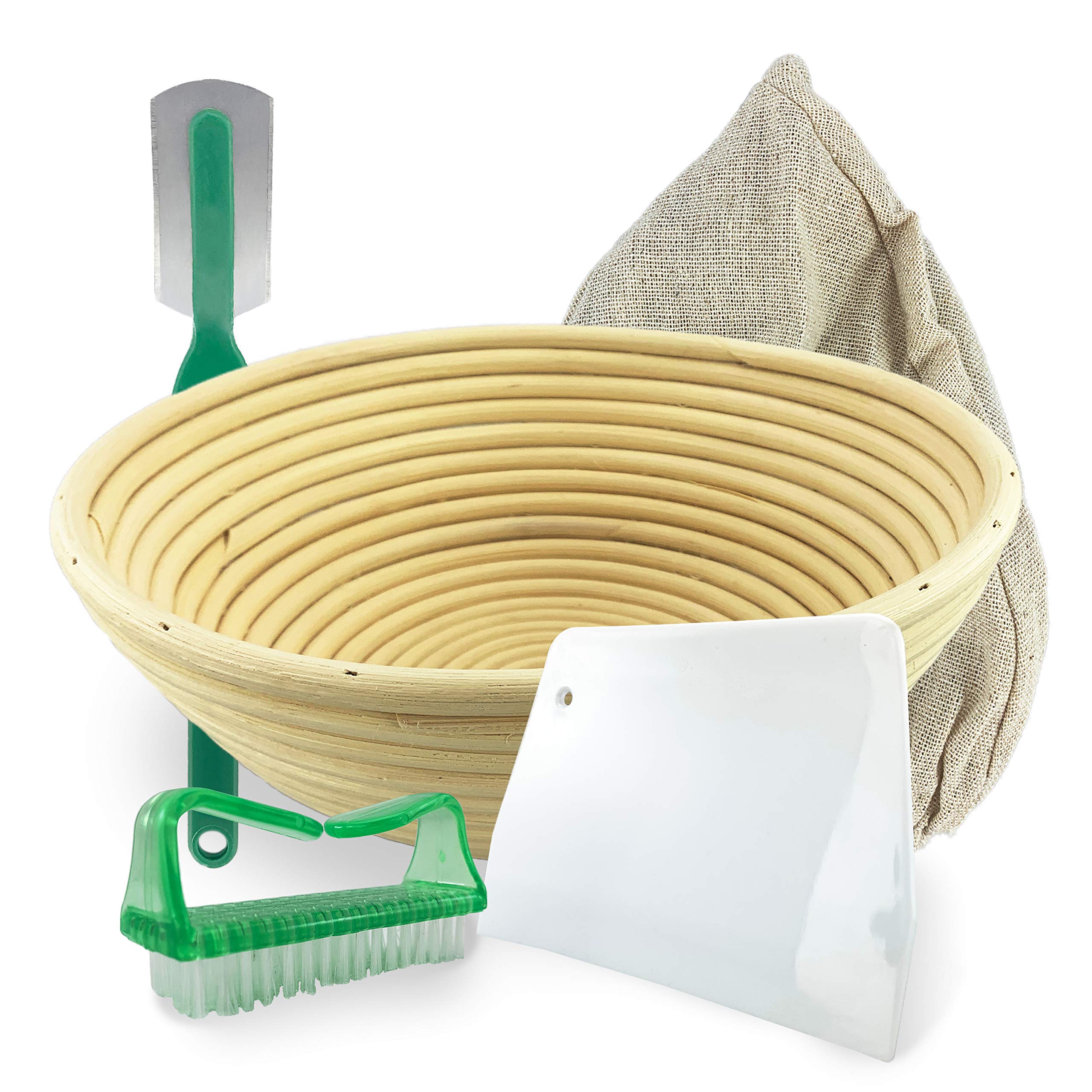 9 Inch Banneton Bread Proofing Basket Set - 5 Piece Natural Rattan Bowl with Linen Liner, Dough Scraper, Lame & Brush for Sourdough Baking | Perfect Starter Kit for Artisan Bread Making, Homemade Loaves & Bakery-Style Results