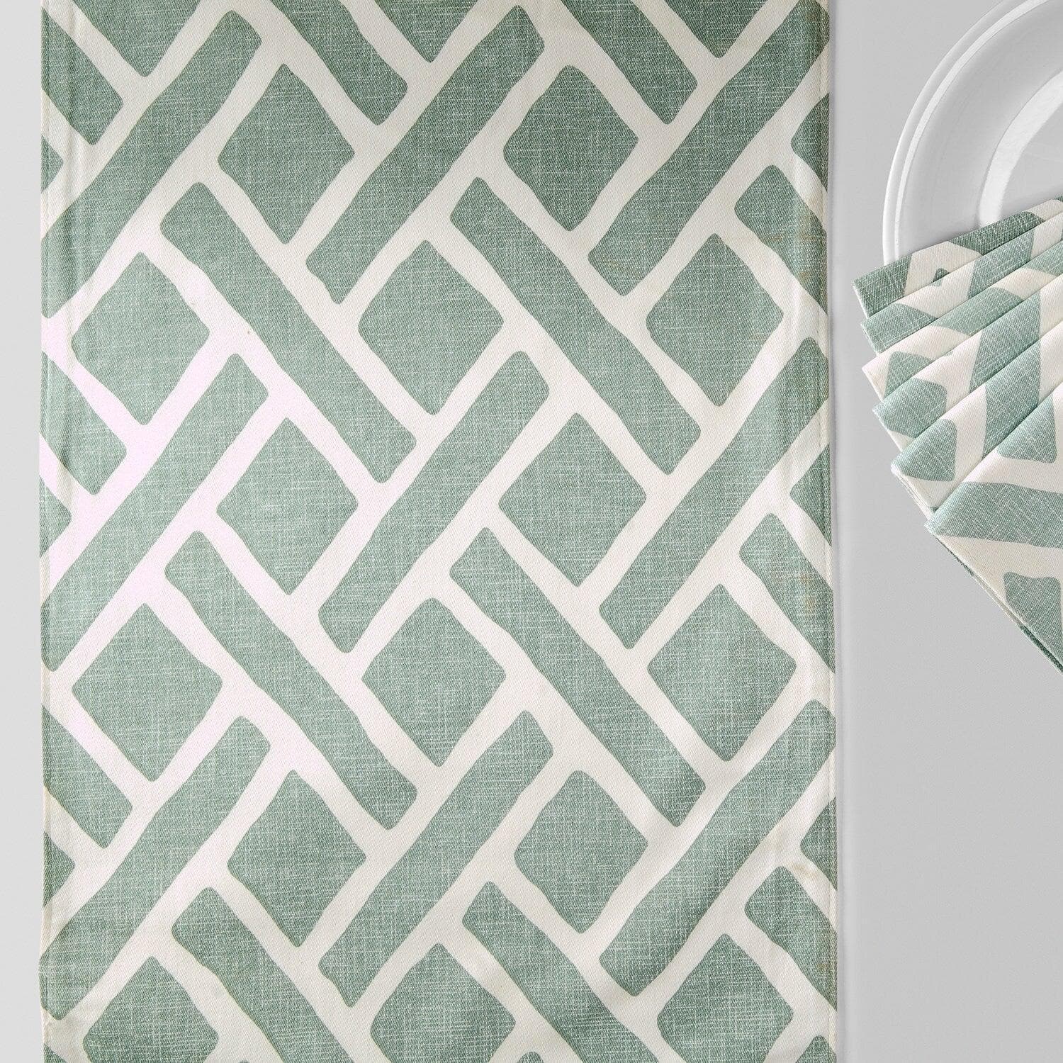 Martinique Aqua Geometric Printed Cotton Table Runner & Placemats Set - Stylish Dining Decor for Dinner Parties, Weddings & Home Decor