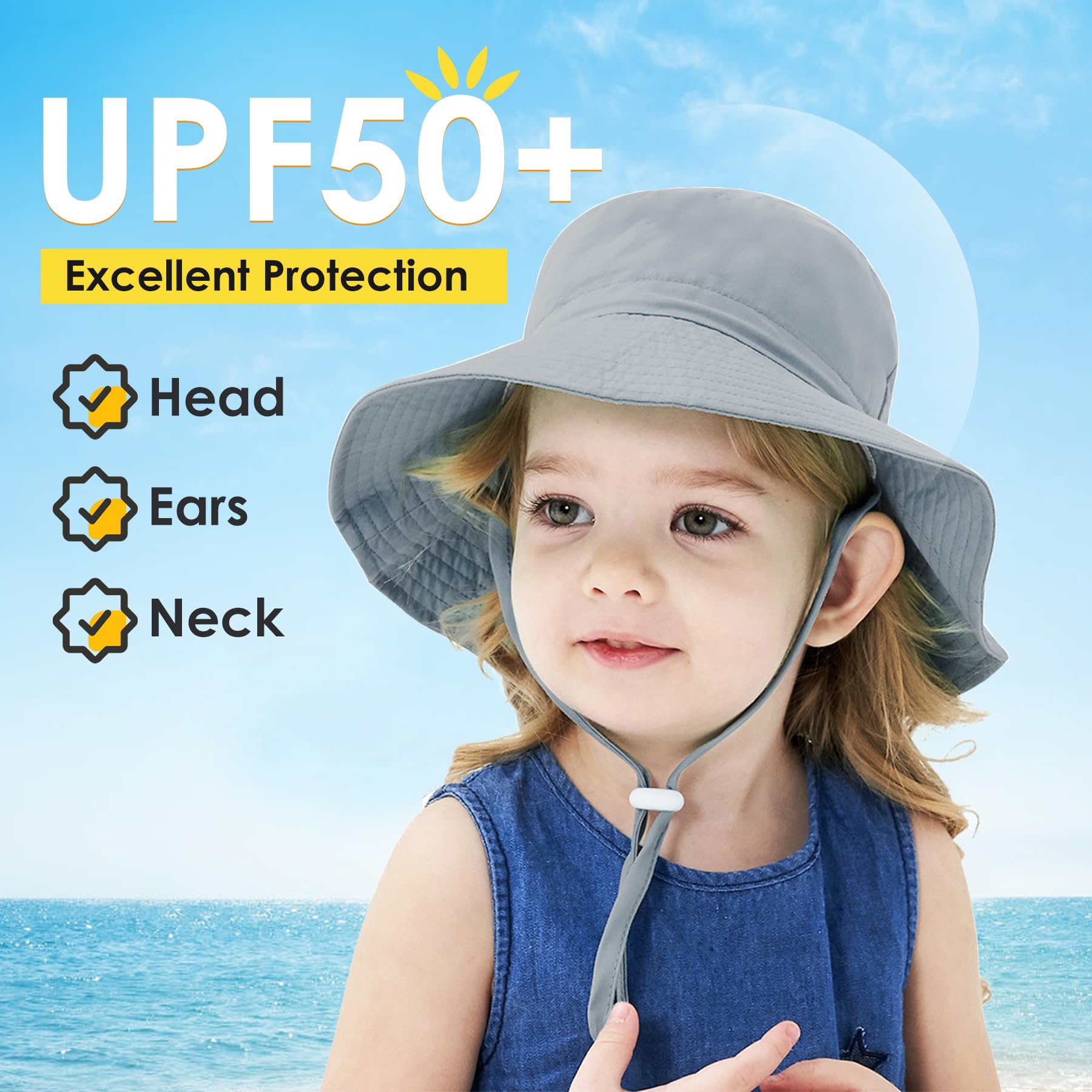 Zando 2Pcs UPF 50+ Baby Sun Hat - Adjustable Toddler Bucket Hats for Boys & Girls 0-8 Years, UV Protection Summer Beach Hat for Outdoor Play, Swimming & Travel