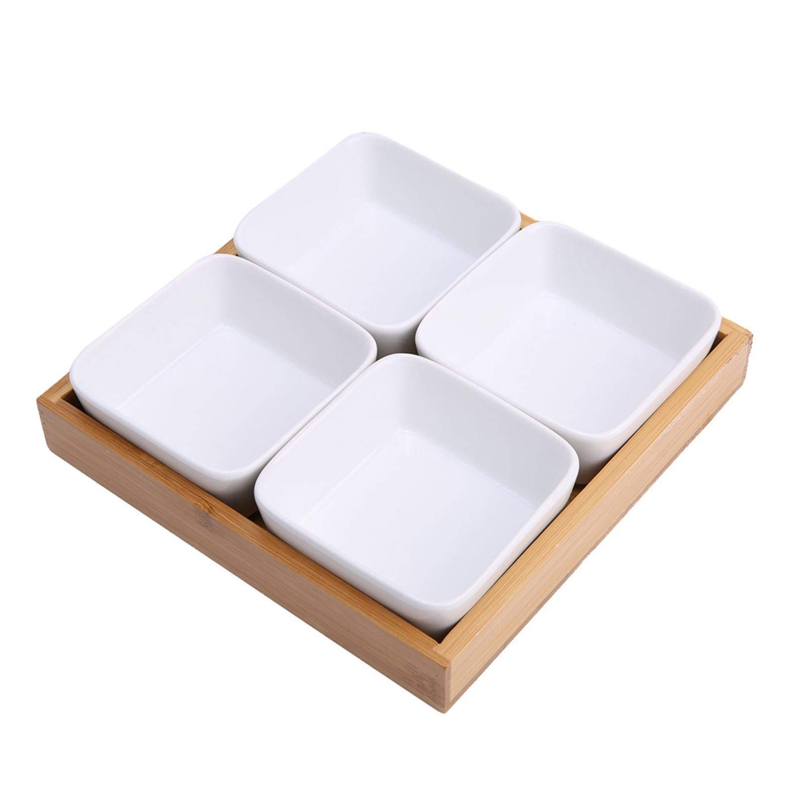4-Compartment Ceramic Appetizer Serving Platter with Removable Bamboo Tray - Perfect for Dips, Veggies, Candy & Snacks | Elegant Party, Dinner & Entertaining Serving Dish