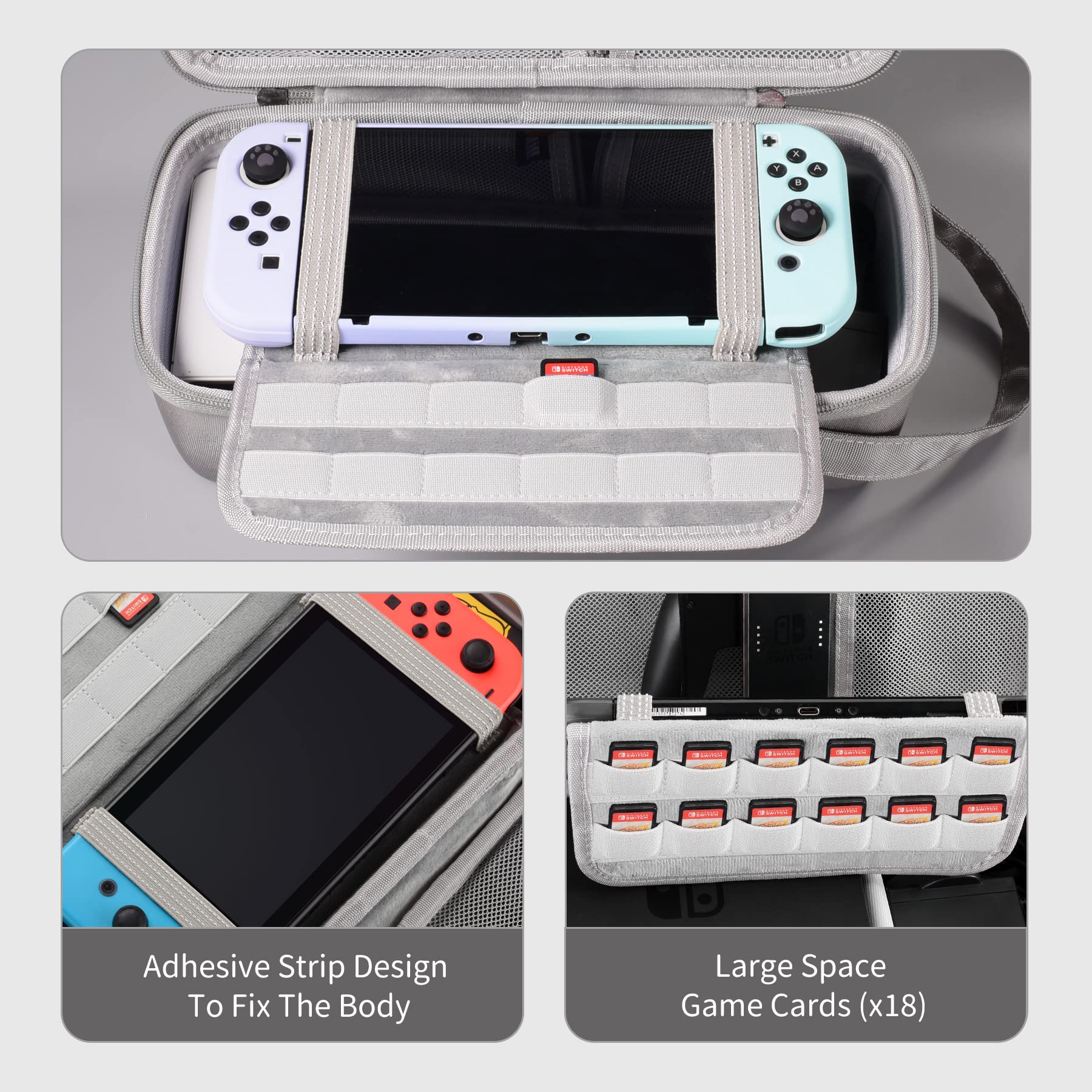 Nintendo Switch Carrying Case for Travel - Hard Shell with Soft Lining for Switch OLED & Pro Controller (16 Game Storage) - Grey