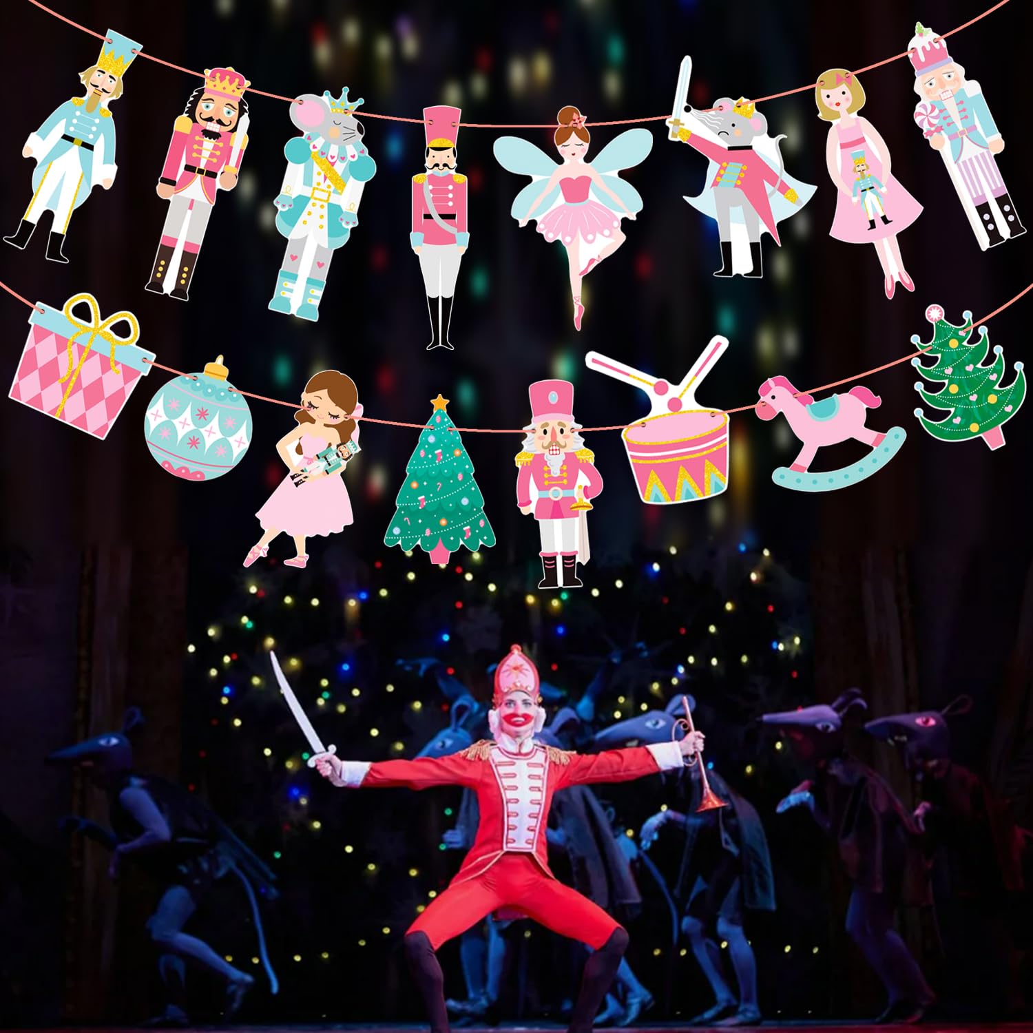 Christmas Nutcracker Party Decorations - Pink & Blue Ballet-Themed Nutcracker Banners (2Pcs) | Xmas Tree & Mouse King Cutouts for Winter Parties, Holiday Home Decor & Christmas Festivities