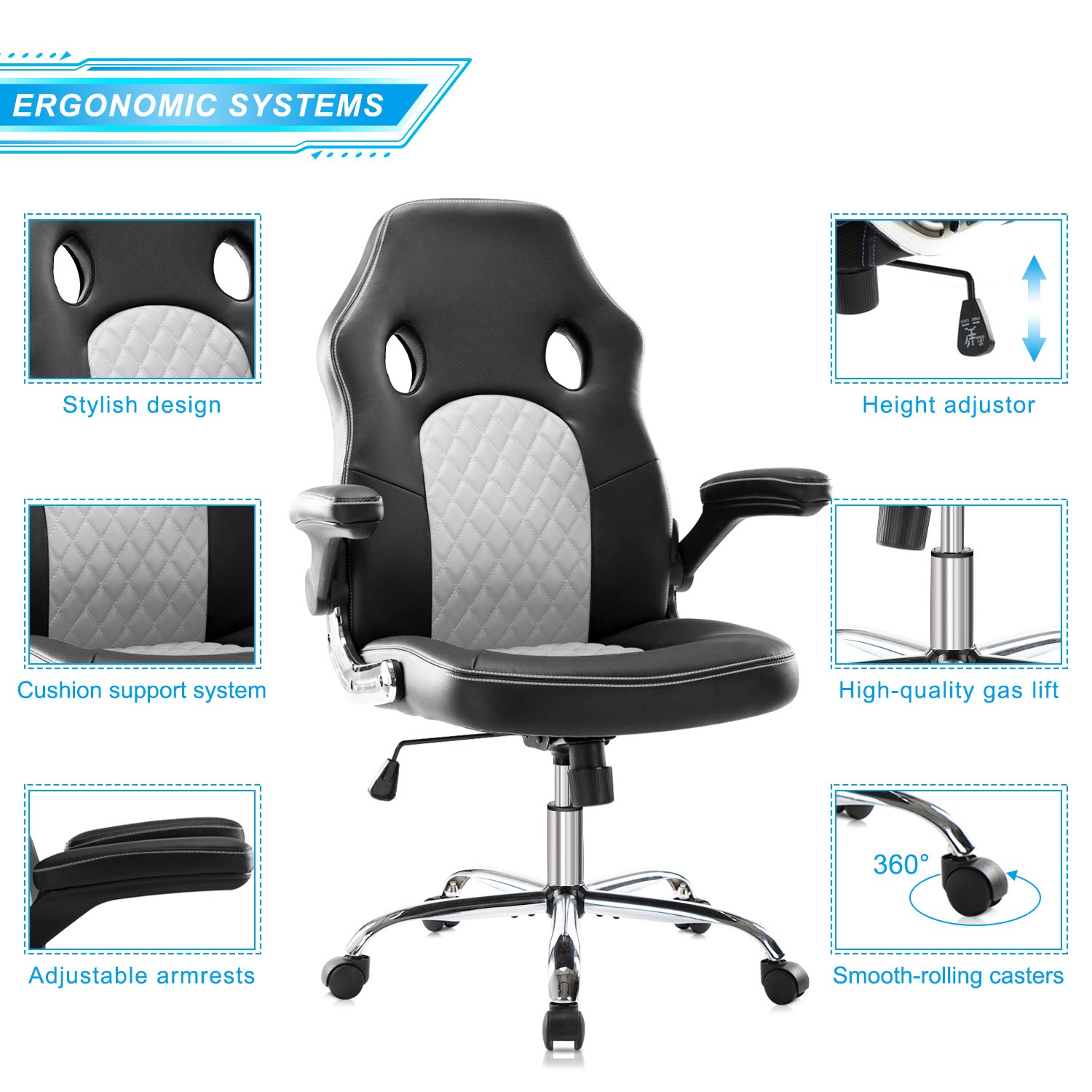 Ergonomic Gaming Chair - High Back PU Leather Office Chair with Adjustable Lumbar Support & Armrests - Swivel Computer Desk Chair for Home, Gaming Setup & Workstation