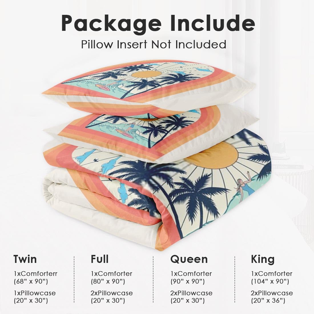 Queen Size Comforter Set - Tropical Palm Beach Summer Bedding for Kids & Adults, Soft Tree Sunset Surfboard Design with 2 Pillowcases - Perfect for Bedroom Decor, Guest Rooms & Vacation Homes
