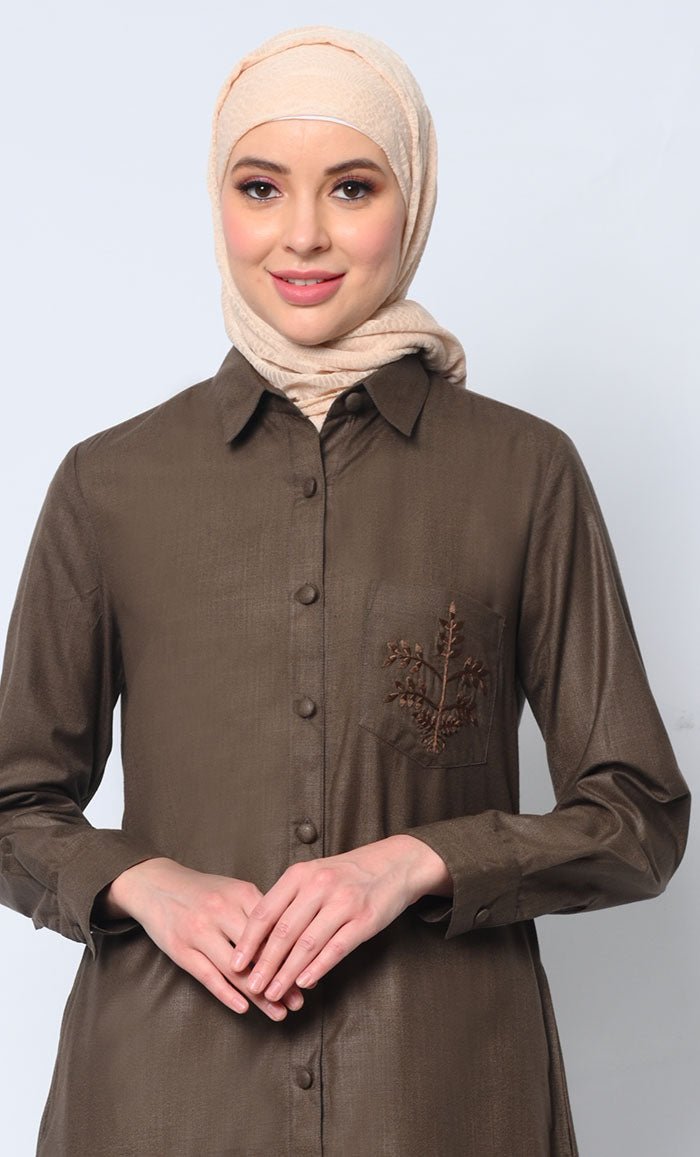 Classic Brown Tunic Shirt with Embroidered Pocket - Stylish & Comfortable for Casual Wear, Office, and Outdoor Activities