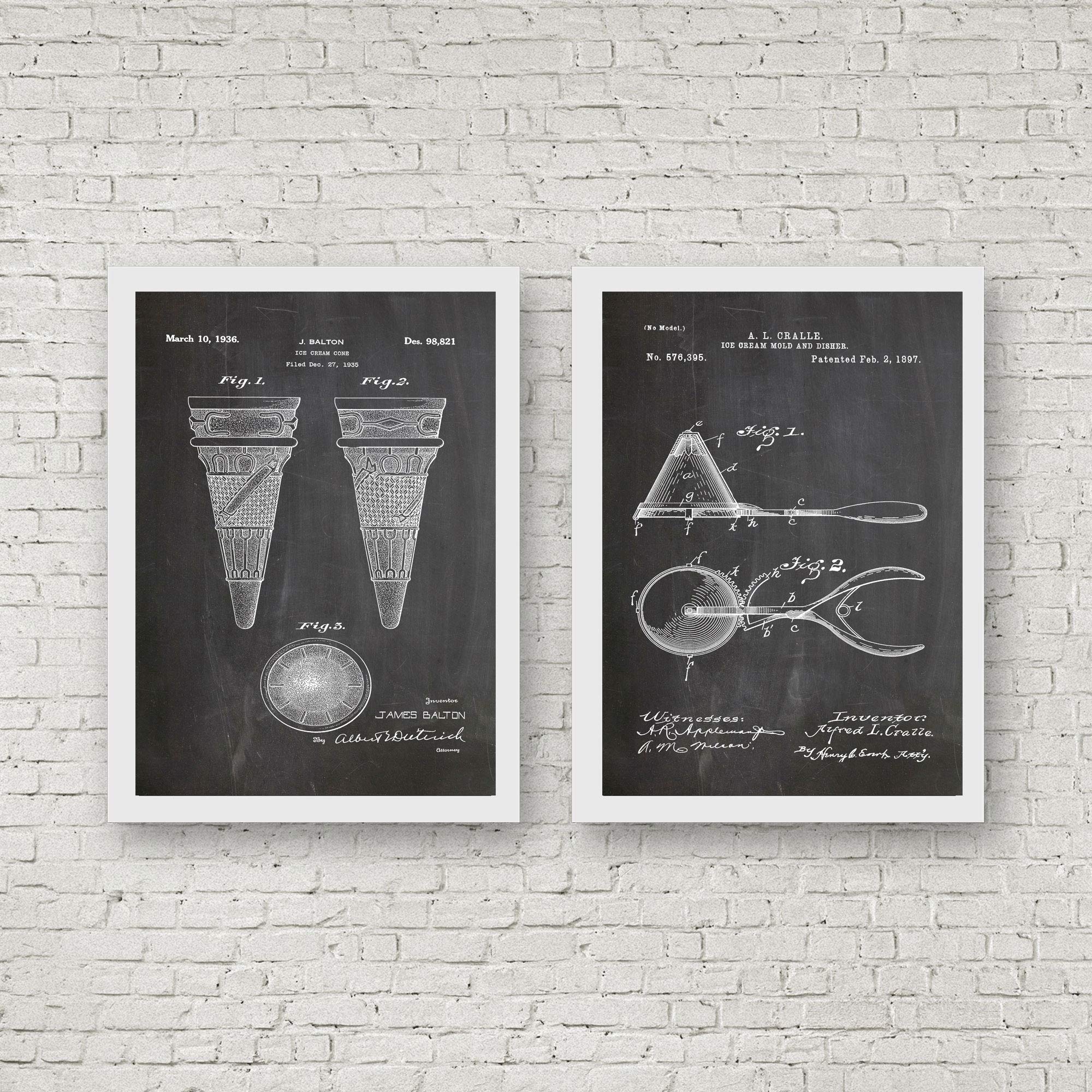Vintage Ice Cream Cone & Scoop Patent Posters - Chalkboard Black (8x10) - Perfect for Ice Cream Parlor Decor, Ice Cream Shop Wall Art, Summer Themed Home Decor & Kitchen Wall Decor