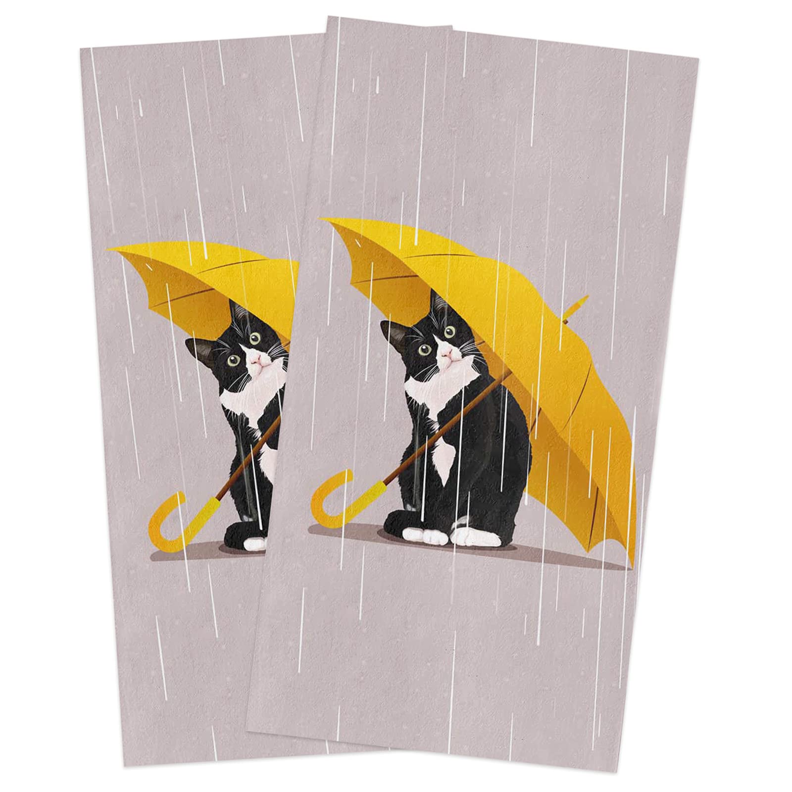 Zadaling Funny Cat Yellow Umbrella Kitchen Towels - 18x28 Inches Soft Cotton Dish Cloths, Tea Towels & Bar Towels (2 Pack) - Perfect for Kitchen, Bathroom & Hand Drying