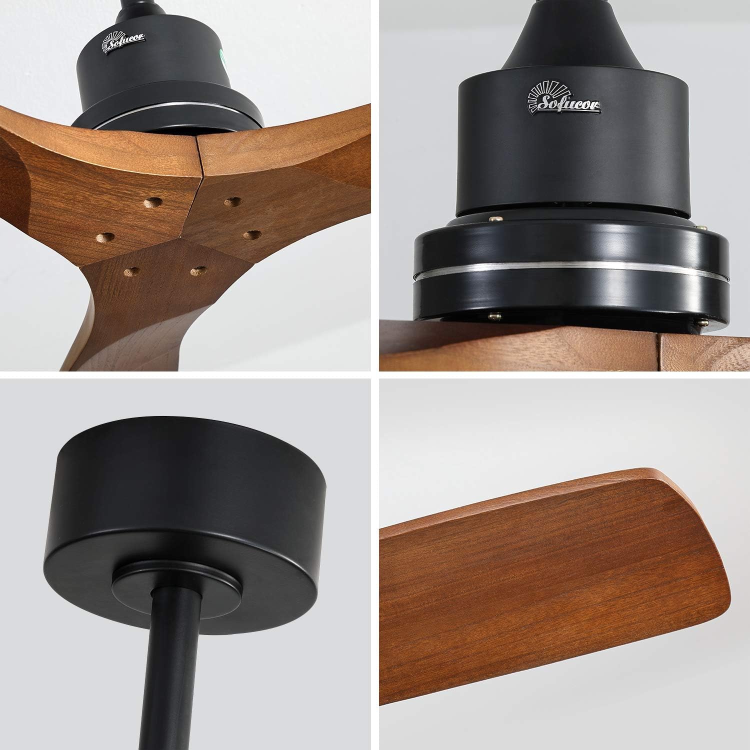52 Inch Solid Wood Ceiling Fan with Remote - No Light Low Profile Flush Mount, 3 Blade Reversible DC Motor - Modern Indoor Outdoor Ceiling Fan for Living Room, Bedroom, Farmhouse, Patio & Covered Porch
