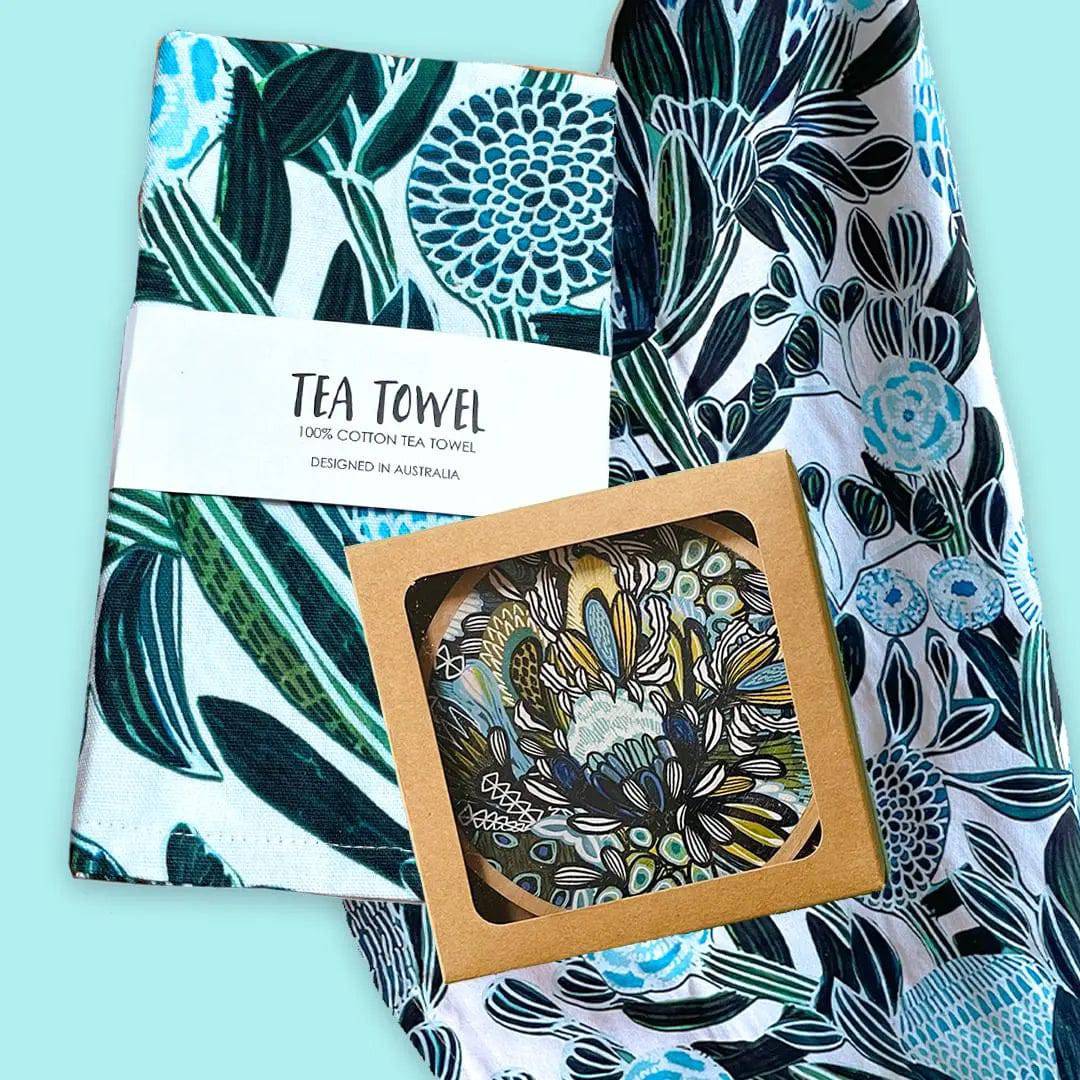 Premium Blue Banksia Tea Towel & Coaster Set - Australian Floral Kitchen Decor - Perfect for Tea Time, Hosting Gifts & Farmhouse Style Kitchens