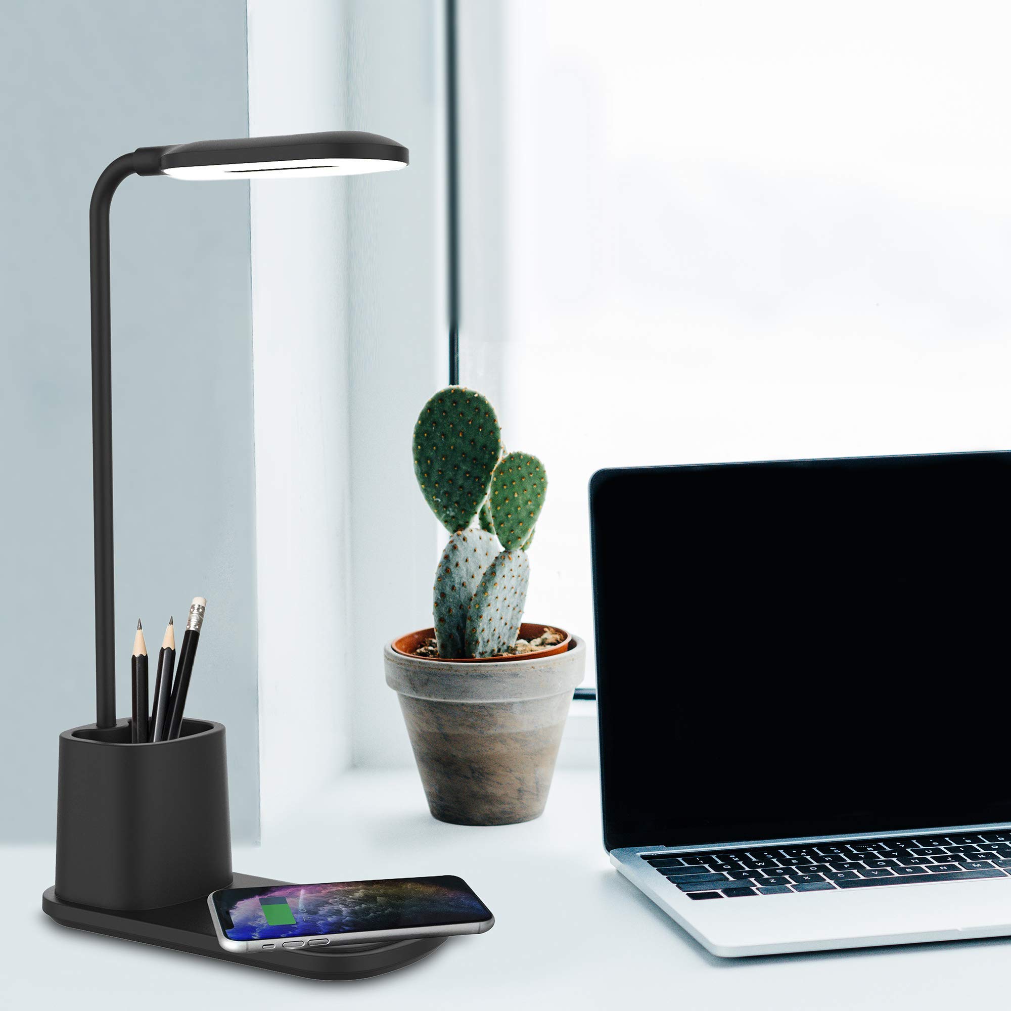Aduro 40W 6-Port USB Desktop Charging Station with U-Light LED Desk Lamp - Wireless Charger, Dimmable Eye-Caring Light for Home Office, Bedroom & Nightstand (Black) - Fast Charging Hub & Stylish Desk Organizer