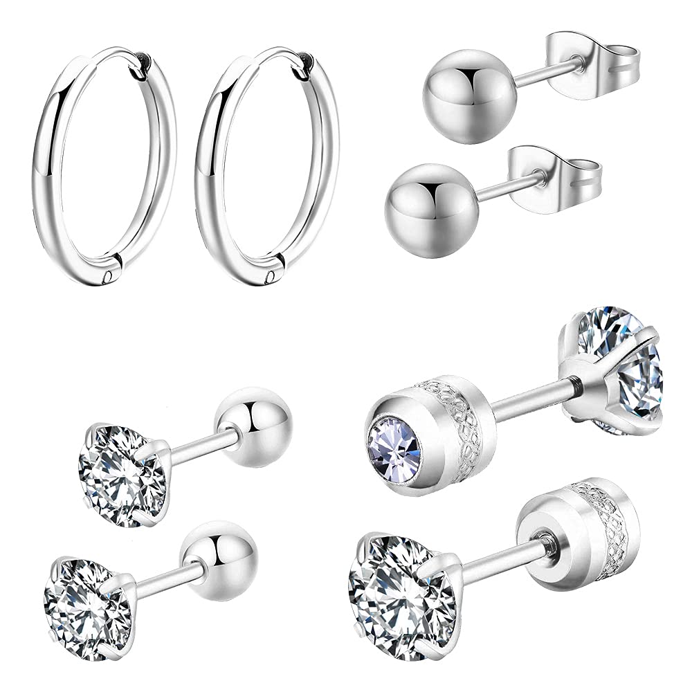 4-6 Pairs Stud Hoop Earrings Set for Women | 14K Gold Plated Stainless Steel Cubic Zirconia Earrings | Everyday Wear, Party, Wedding & Gift Jewelry