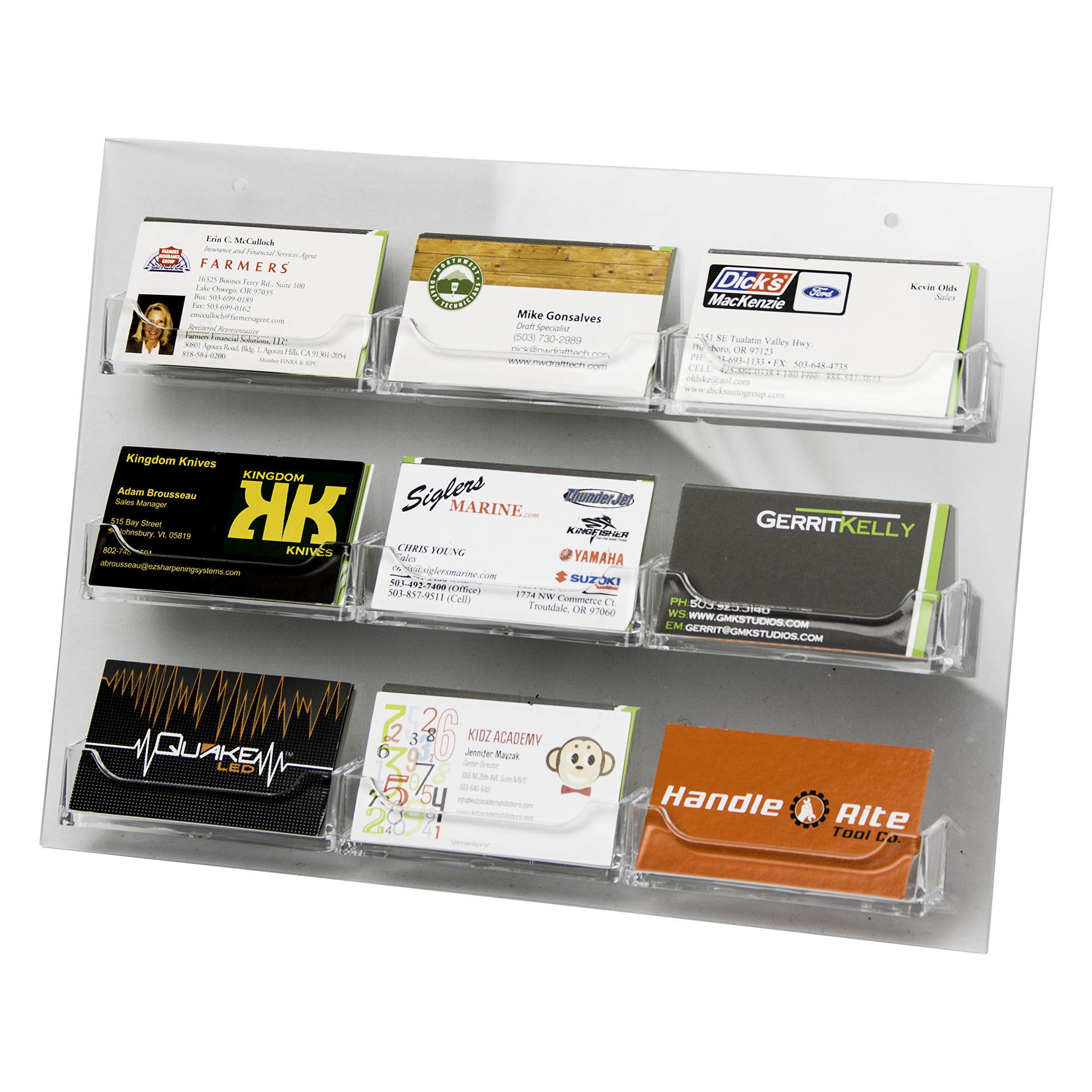 Clear Acrylic Wall Mount Business Card Holder with 9 Pockets (3.5x2 Inches) - Plastic Countertop Organizer & Multi Business Card Display Stand - Office, Retail, or Home Use - Single Pack or 12 Pack Bulk Option