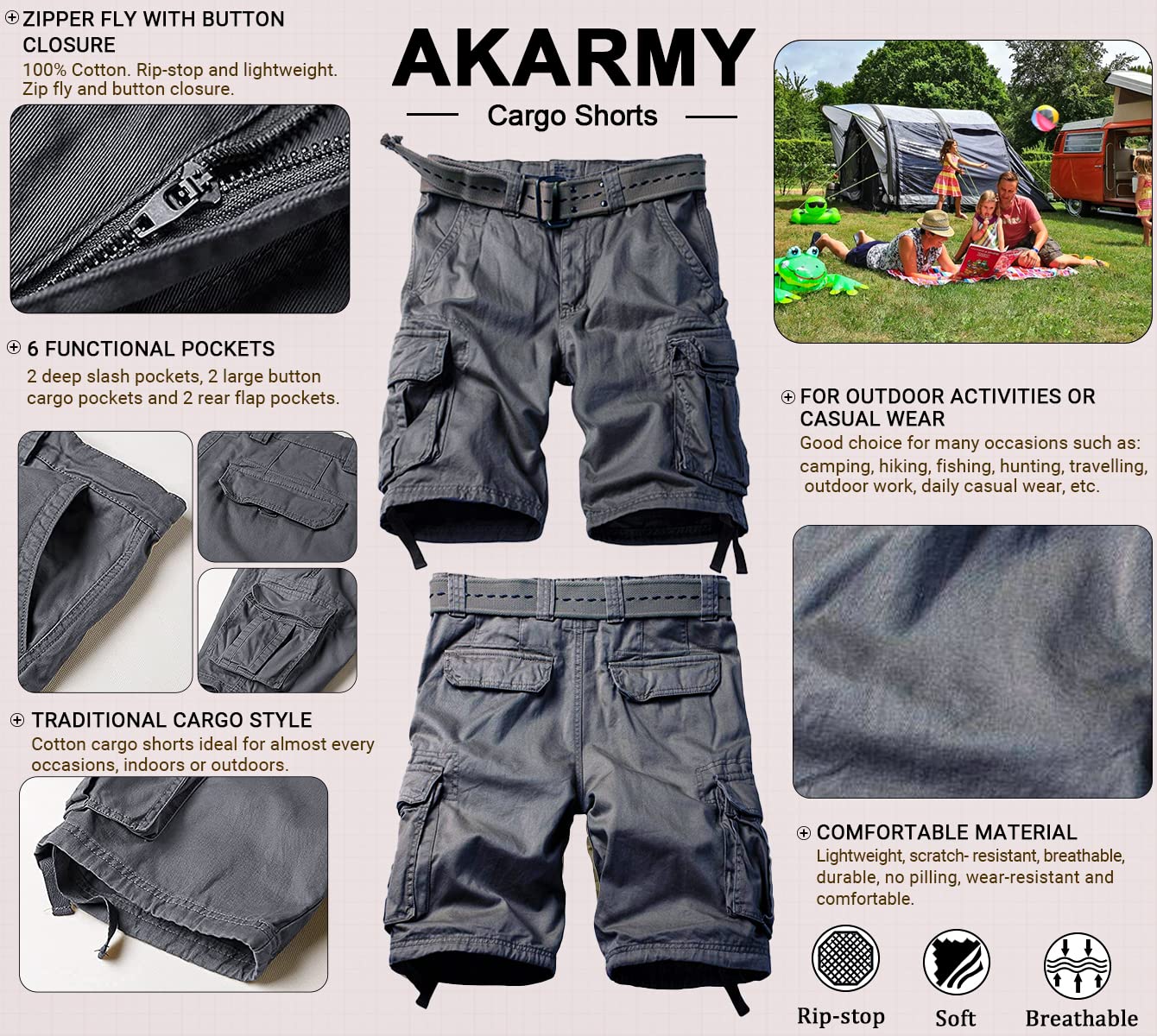 AKARMY Men's Camo Cargo Shorts - Military Style Outdoor Shorts with Multiple Pockets, Breathable Cotton Fabric, No Belt Needed - Perfect for Hiking, Camping & Casual Wear
