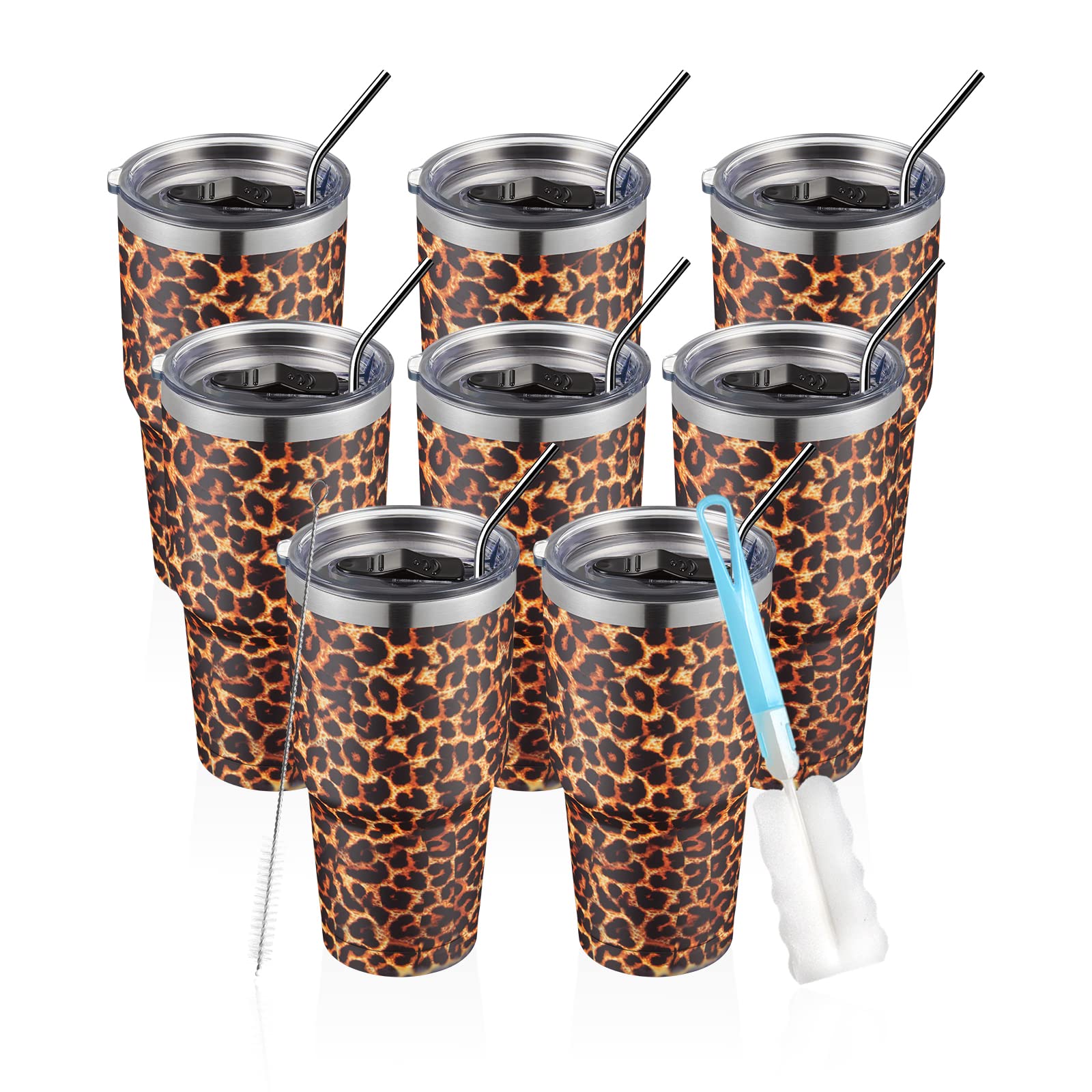 COMOOO 30oz Stainless Steel Tumbler with Lid & Straw - 8 Pack Bulk Insulated Coffee Cups, Double Wall Vacuum Travel Mug for Hot & Cold Drinks (Leopard Print) - Perfect for Office, Gym, Camping & Outdoor Activities