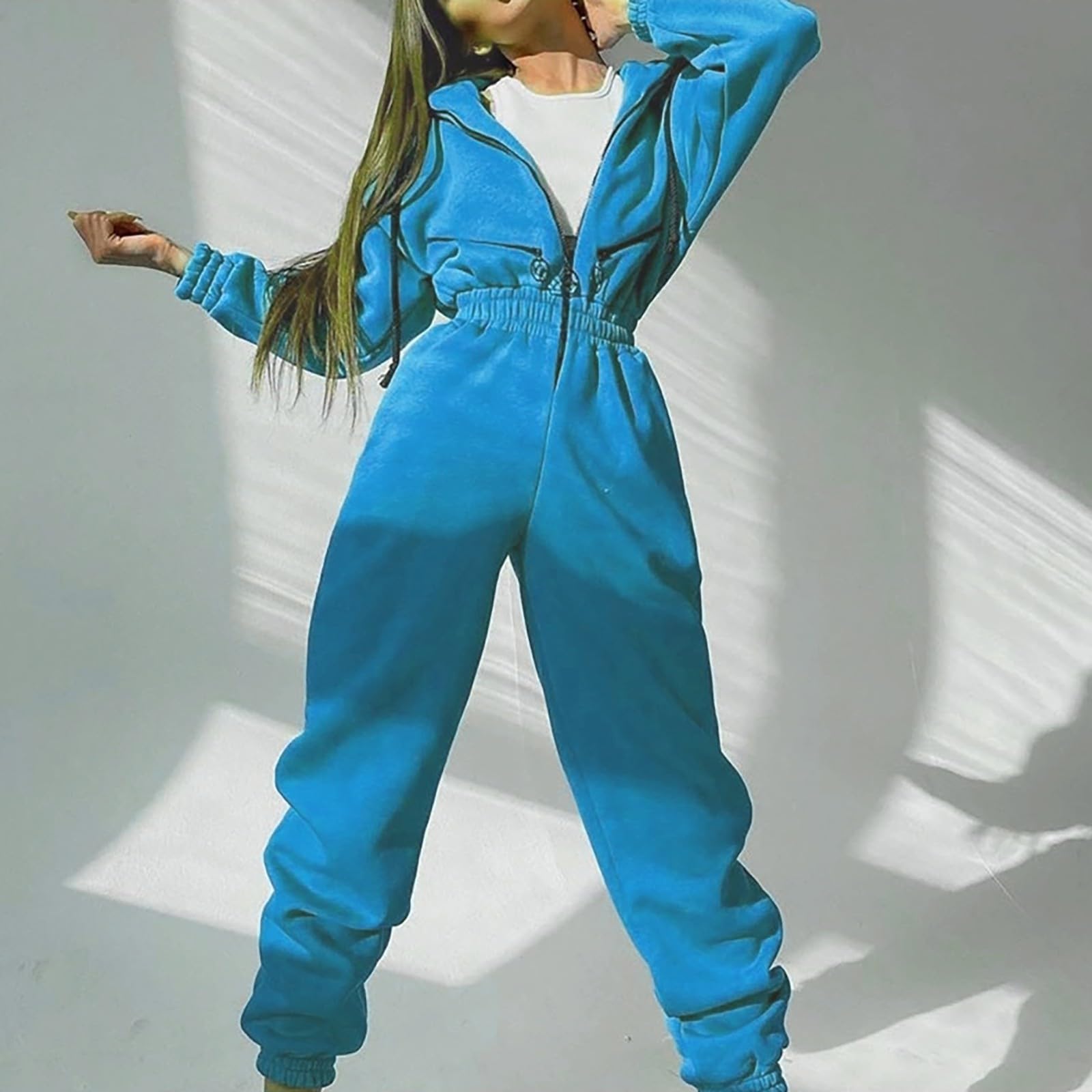 Women's Solid Color Long Sleeve Zip-Up Hoodie & Pants Sportswear Set - Gym, Yoga, Running & Casual Wear
