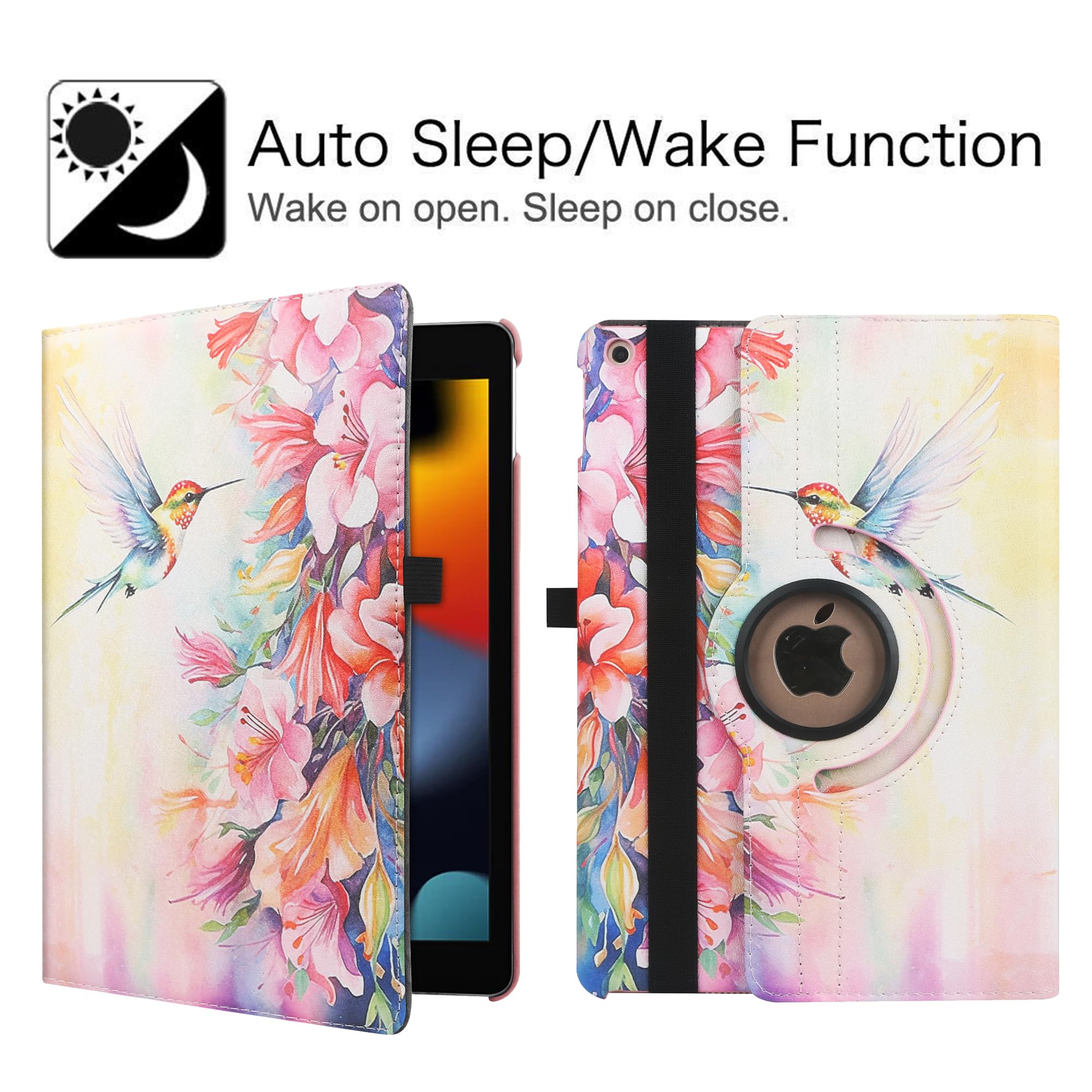 Premium 360° Rotating Stand Case for iPad 9.7 (6th/5th Gen 2018/2017), iPad Air 2 & iPad Air - Multi-Angle Viewing with Auto Sleep/Wake Feature | Perfect for Work, Study & Entertainment (Hummingbird Design)