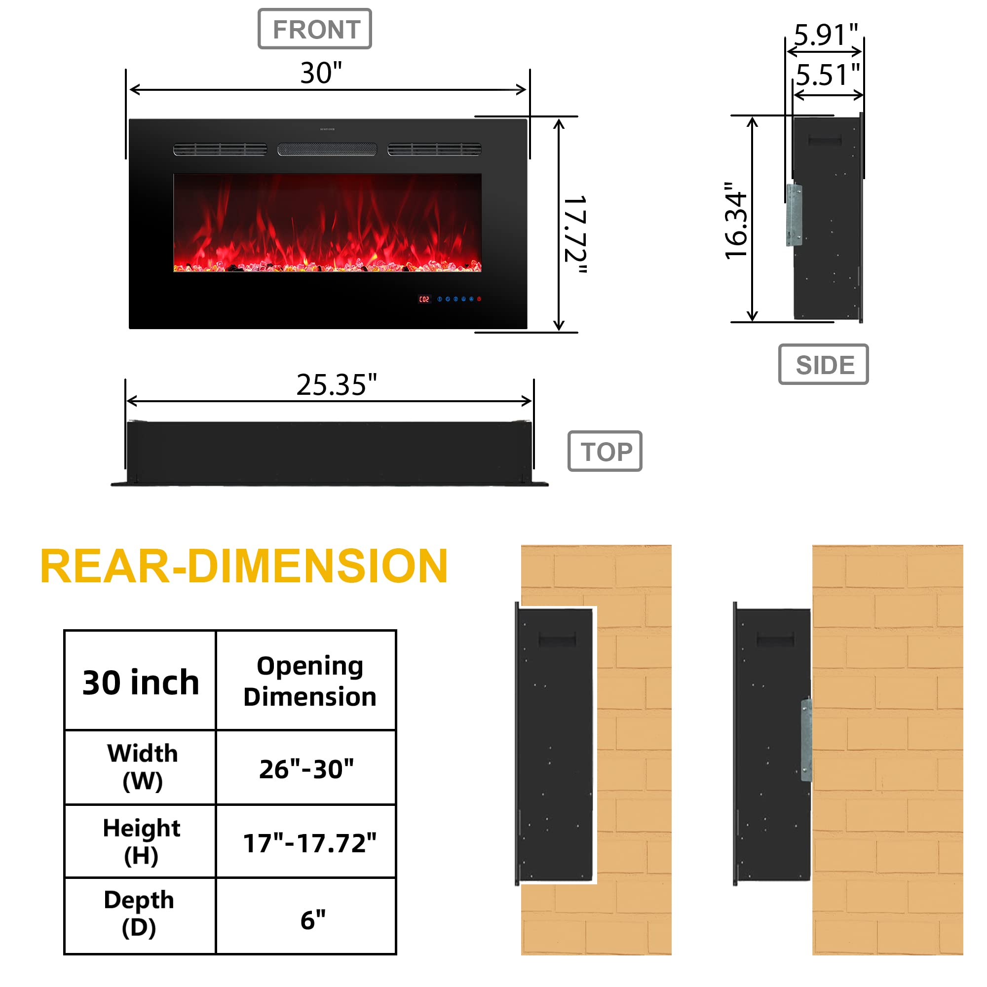 Rodalflame 30 Inch Electric Fireplace Insert - Recessed & Wall Mounted Indoor Heater with Remote, 13 Color Flame Effects (Log & Crystal), 9H Timer, 750W/1500W - Perfect for Living Rooms, Bedrooms & Home Offices