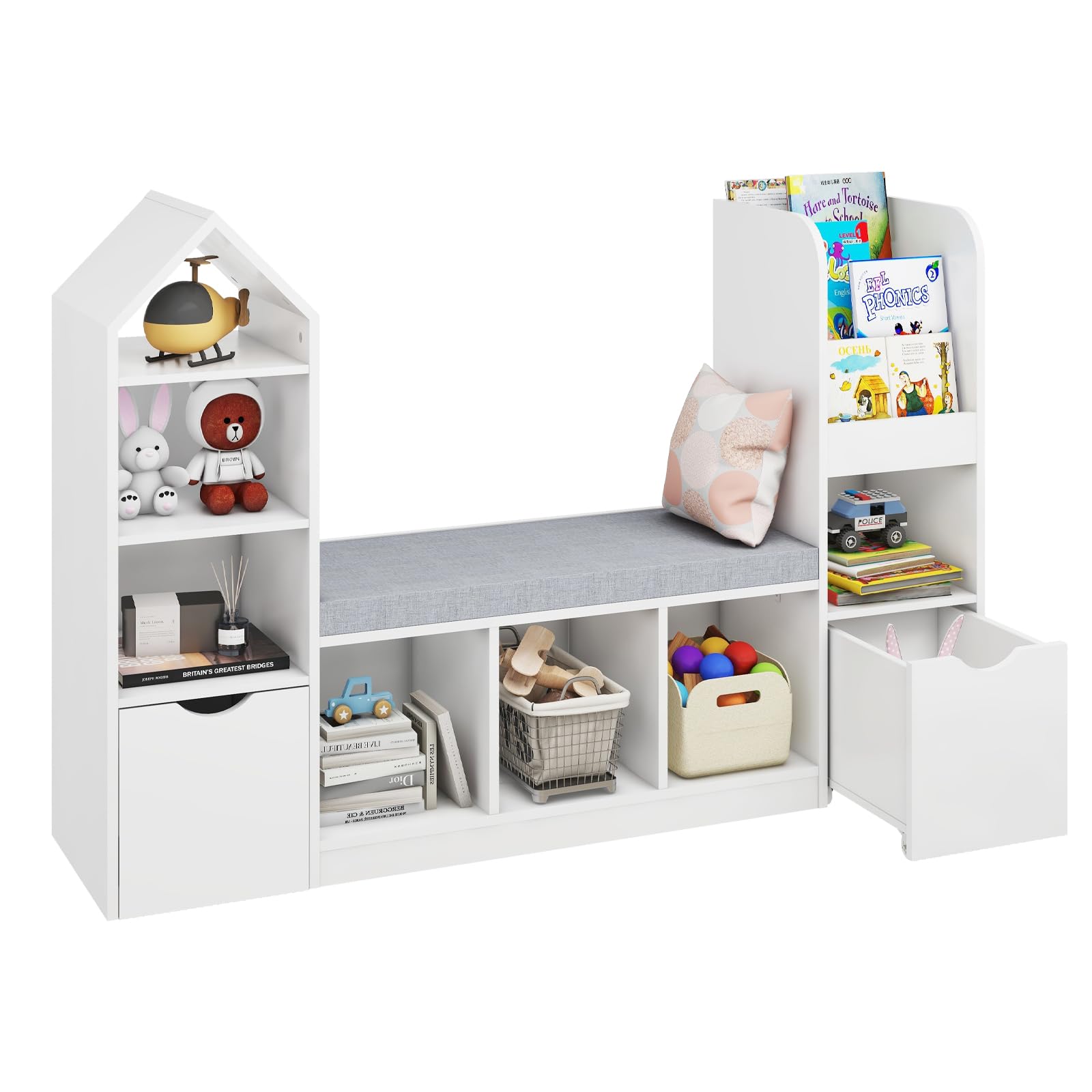 Multifunctional Kids Bookcase with Reading Nook - 7 Storage Cubbies & 2 Movable Drawers - Toy Organizer with Seat Cushion for Children's Bedroom & Playroom - Perfect for Storytime, Reading Corner & Toy Storage
