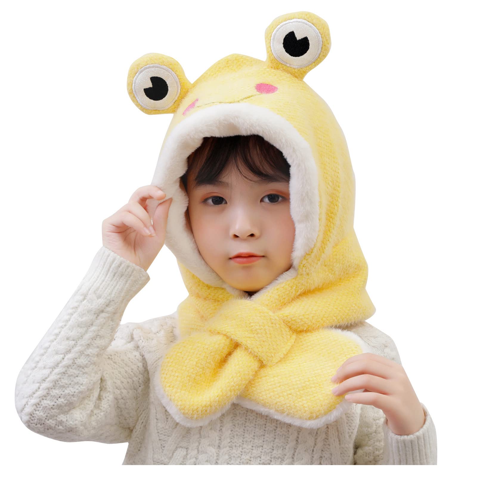 Women's Plaid Knit Hat with Hood & Fleece Scarf - Winter Warm Knitted Beanie and Cartoon Scarf Set for Women & Kids - Perfect for Snowboarding, Skiing and Outdoor Activities