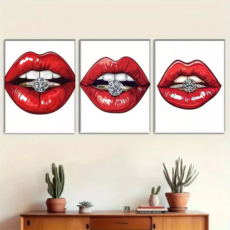 3-Piece Glamorous Red Lips with Diamond Ring Wall Art Set - Framed Canvas 40x60cm (16x24in) - High Quality Print - 100% Australian Made - Ready to Hang - Perfect for Living Room, Bedroom & Office Decor