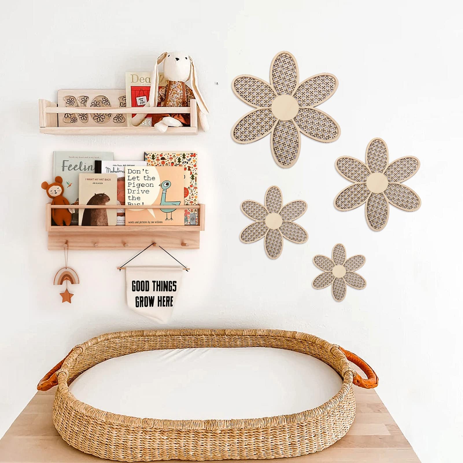 GDGZT 4PCS Rattan Wooden Daisy Wall Decor - Boho Nursery Shelf Decor for Baby Girl's Room - Perfect for Girls Bedroom, Nursery Wall Art & Boho Home Decor