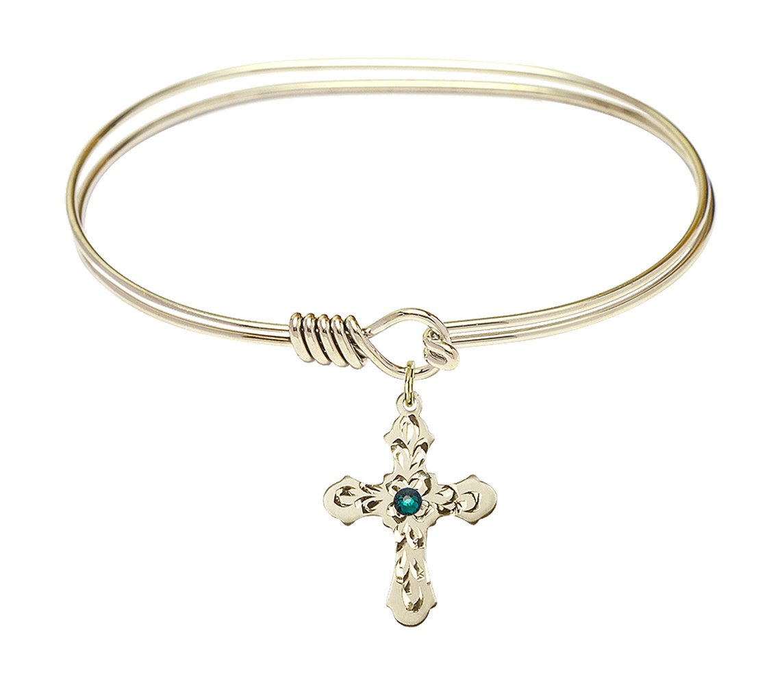 7 Inch Oval Eye Hook Bangle Bracelet with Cross Medal Charm & May Green Crystal - Elegant Jewelry for Women, Perfect for Parties, Weddings & Everyday Wear