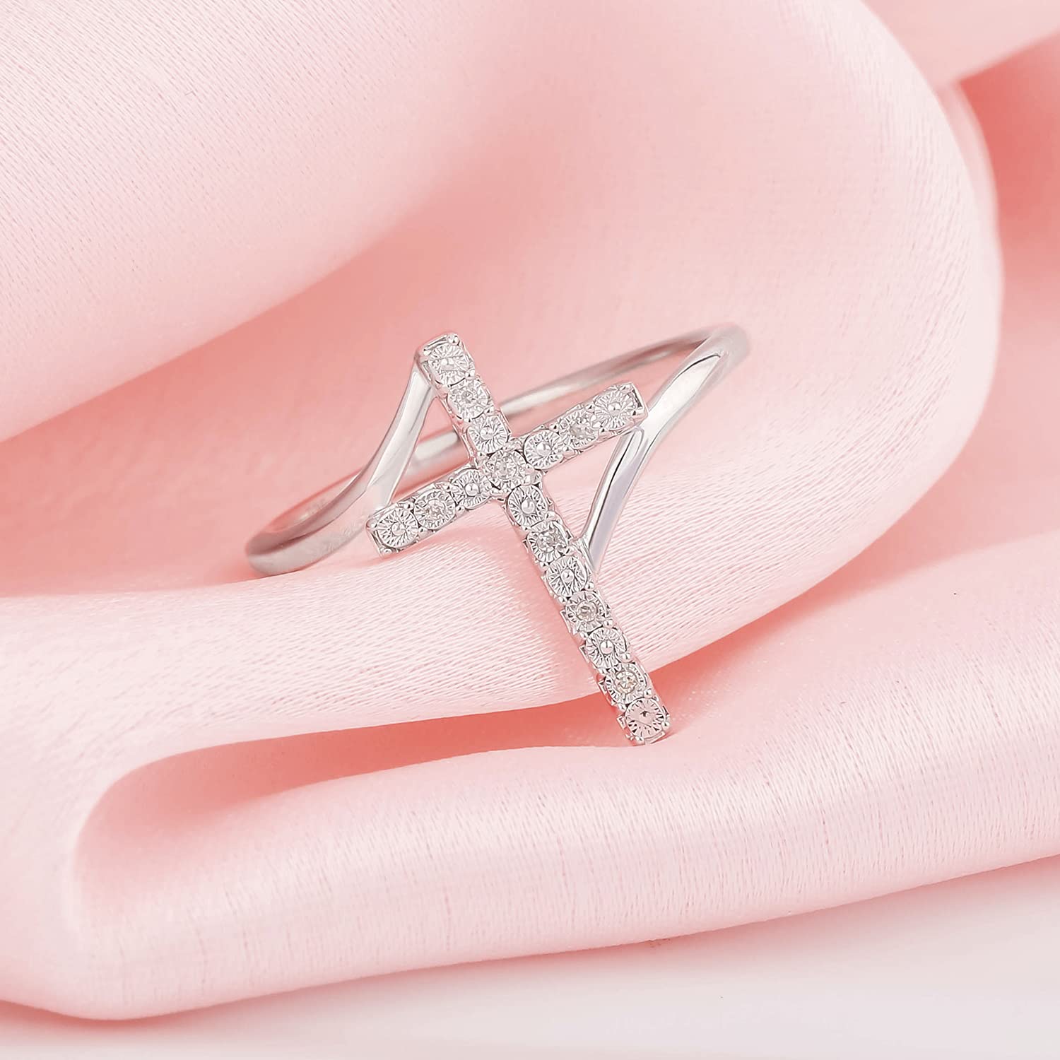 1/20 CT Natural Diamond Cross Ring for Women - 925 Sterling Silver Gold Vermeil Vertical Accent Ring | Elegant Fashion Jewelry Gift for Her in White, Yellow or Rose Gold | Perfect for Weddings, Anniversaries & Special Occasions