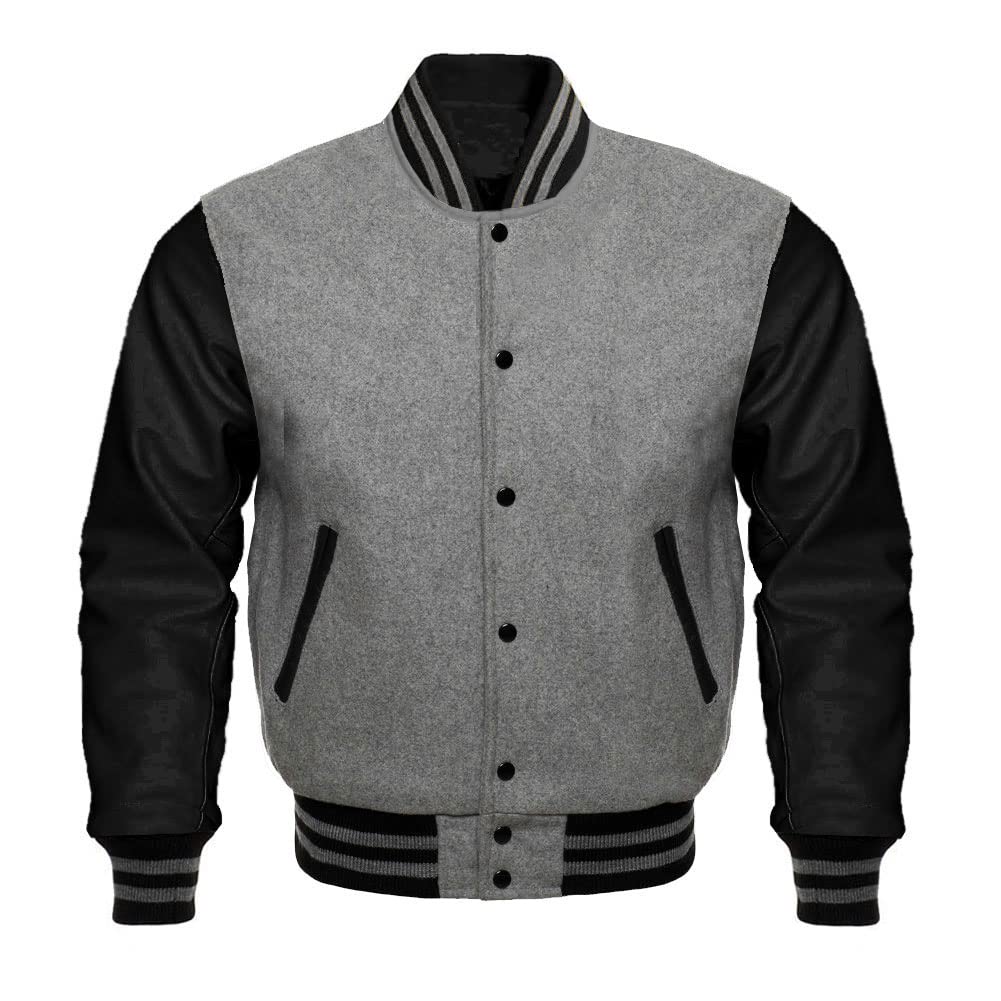 Genuine Leather Sleeves & Wool Body Baseball Varsity Jacket - Classic Grey/Black Letterman Bomber for High School & College Sports (Perfect for Games, Pep Rallies & Cool Weather)